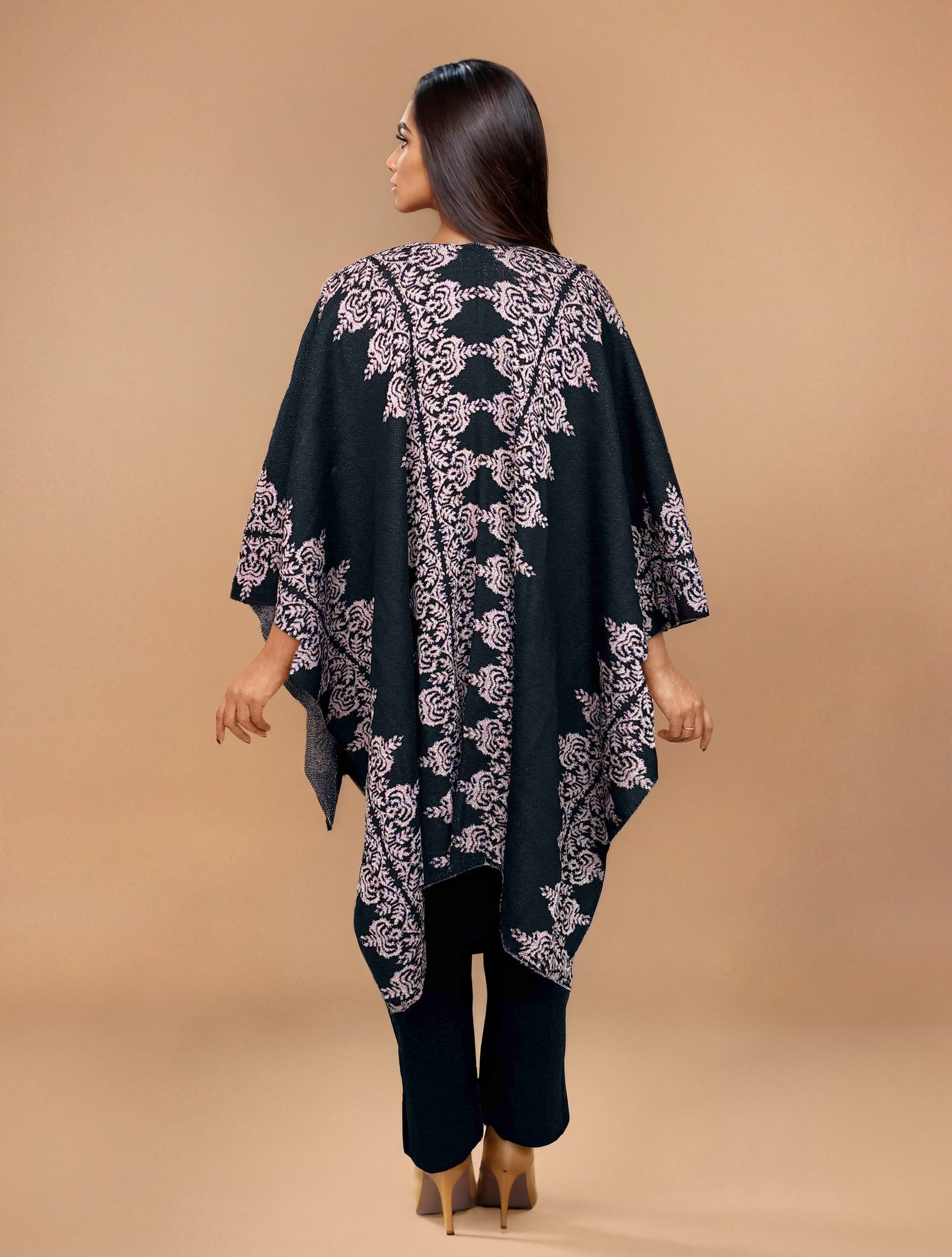 trueBrowns Black Woollen Pink Jacquard Kaftan Cape | Swadesiicart