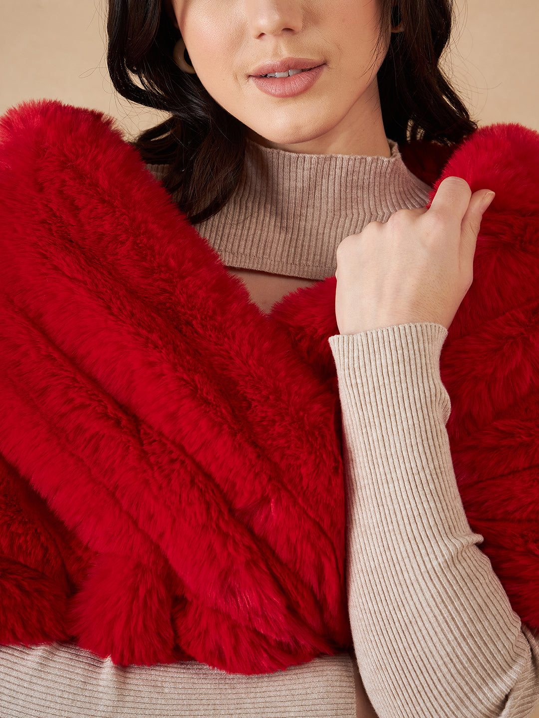 InWeave Women's Cherry Red Long Faux Fur Cape - Swadesiicart