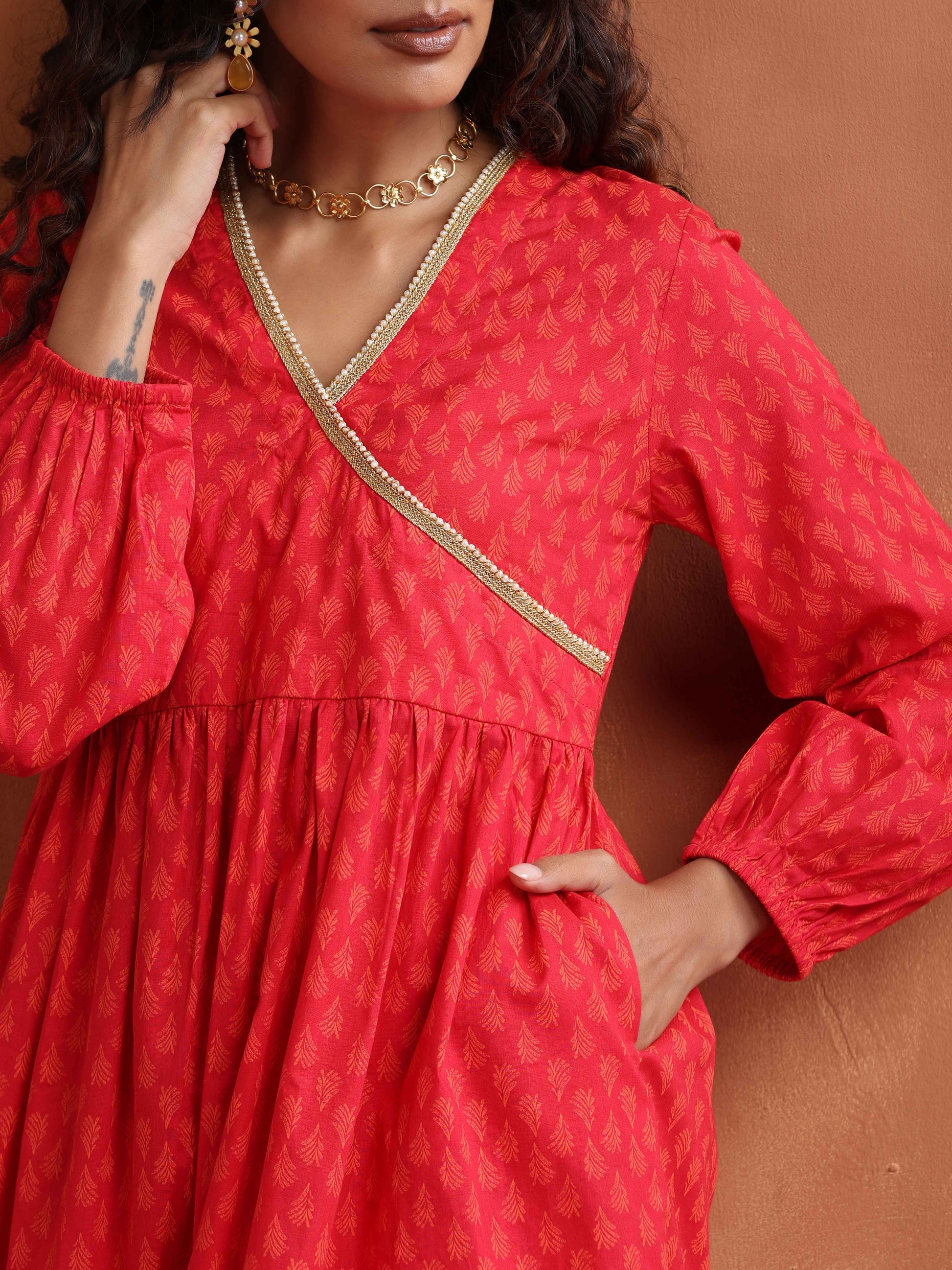 trueBrowns Red Print Angrakha Co-ord Set - Swadesiicart