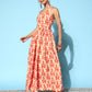 InWeave Women's Orange Paisley Print Raisa Back Detail Dress - Swadesiicart