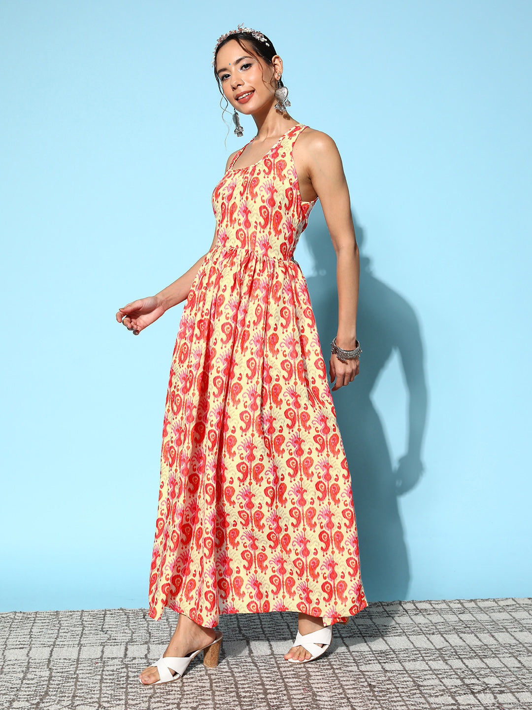 InWeave Women's Orange Paisley Print Raisa Back Detail Dress - Swadesiicart