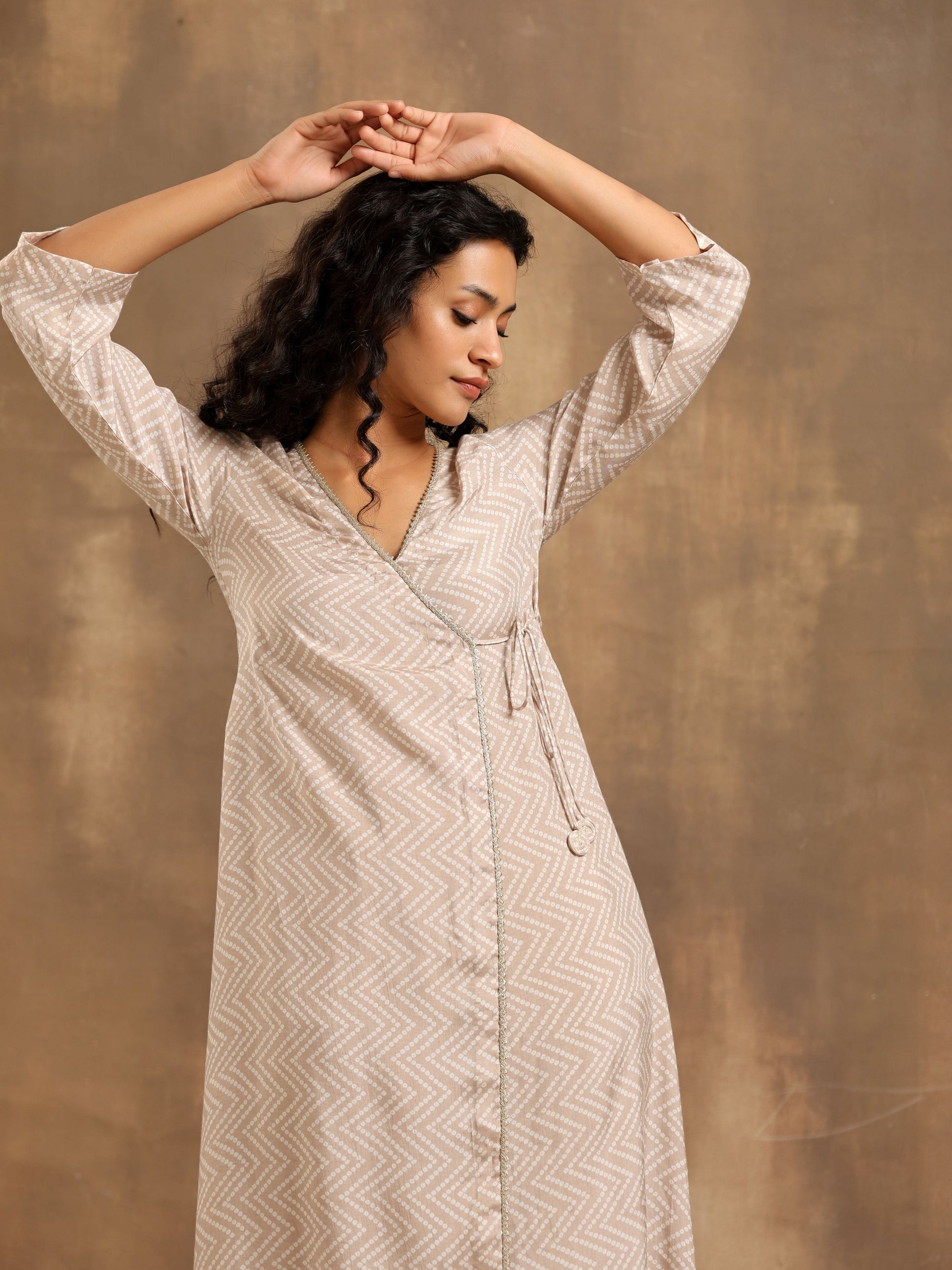 trueBrowns Beige Zig-Zag Print Silk Angrakha Kurta Pant Set | Swadesiicart