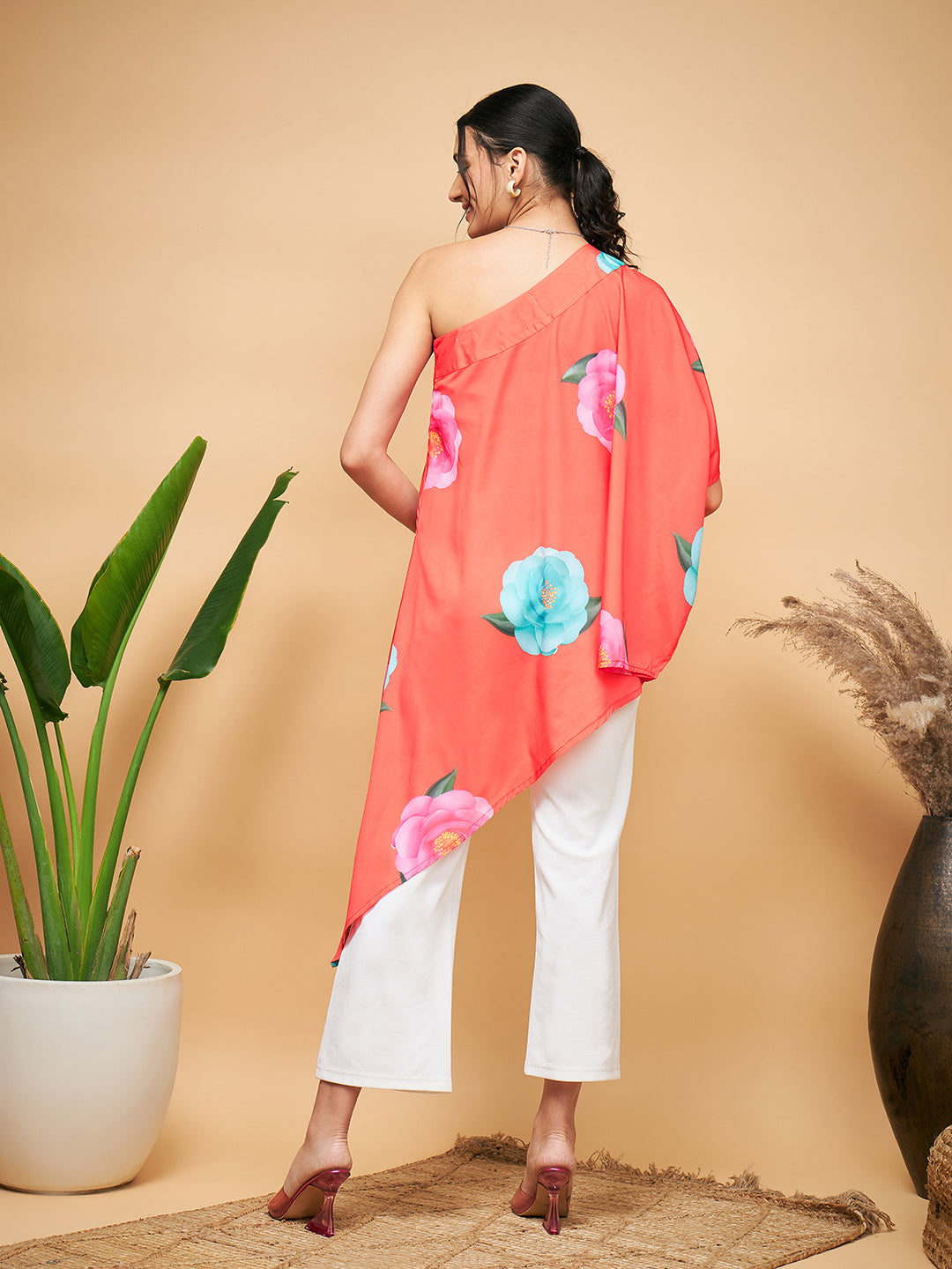 InWeave Women's Dark Orange Pink Blue Flower One Shoulder Kurta - Swadesiicart