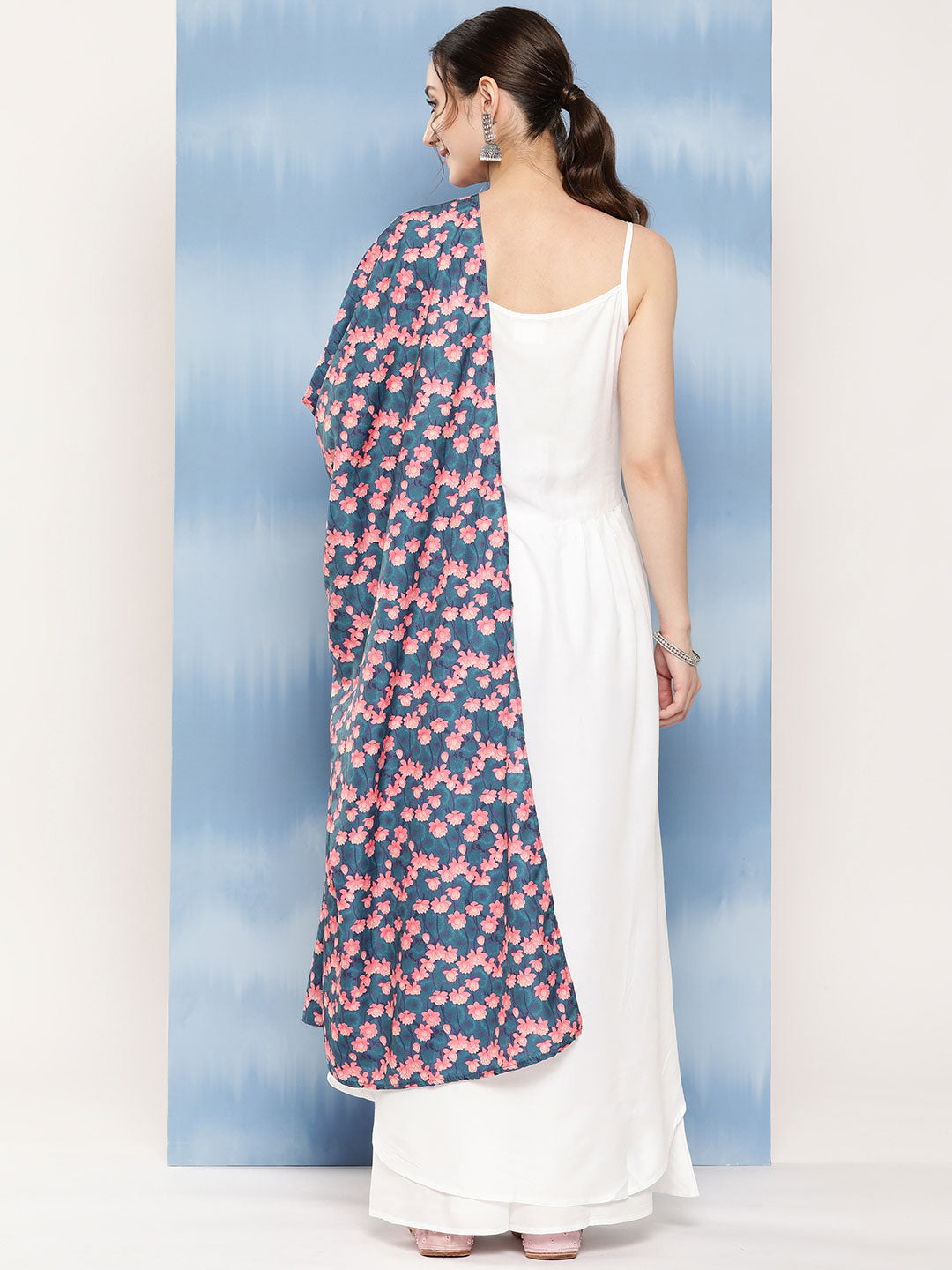 InWeave Women's White Strappy Set With Navy Pink Lotus Cr Dupatta - Swadesiicart