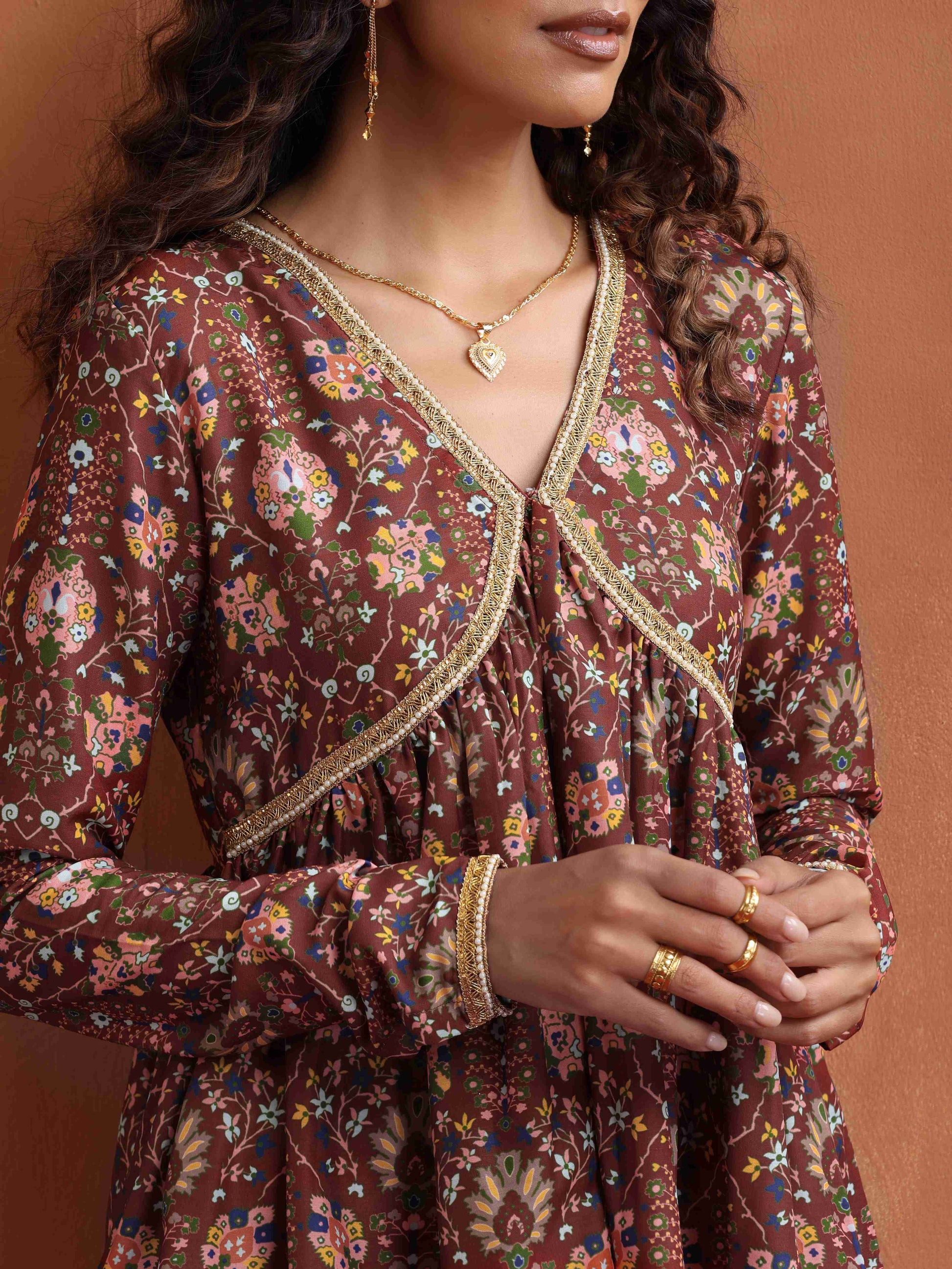 trueBrowns Brown Print Sharara Set | Swadesiicart