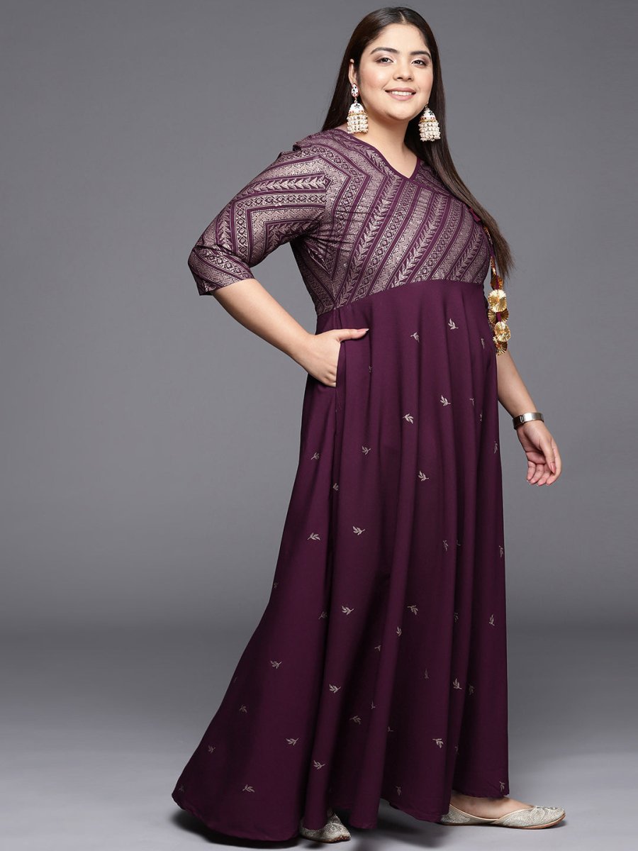 Ahalyaa Plus Size V-neck Maxi Ethnic Dress | Swadesiicart