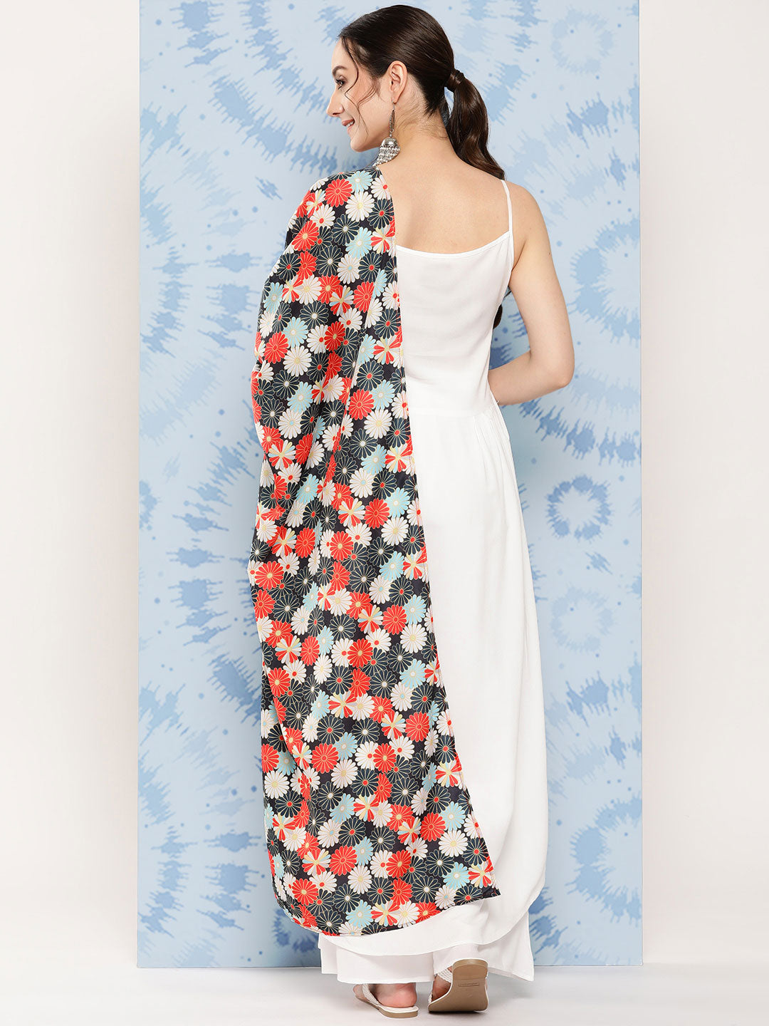 InWeave Women's White Strappy Set With White Red Round Motif Dupatta - Swadesiicart