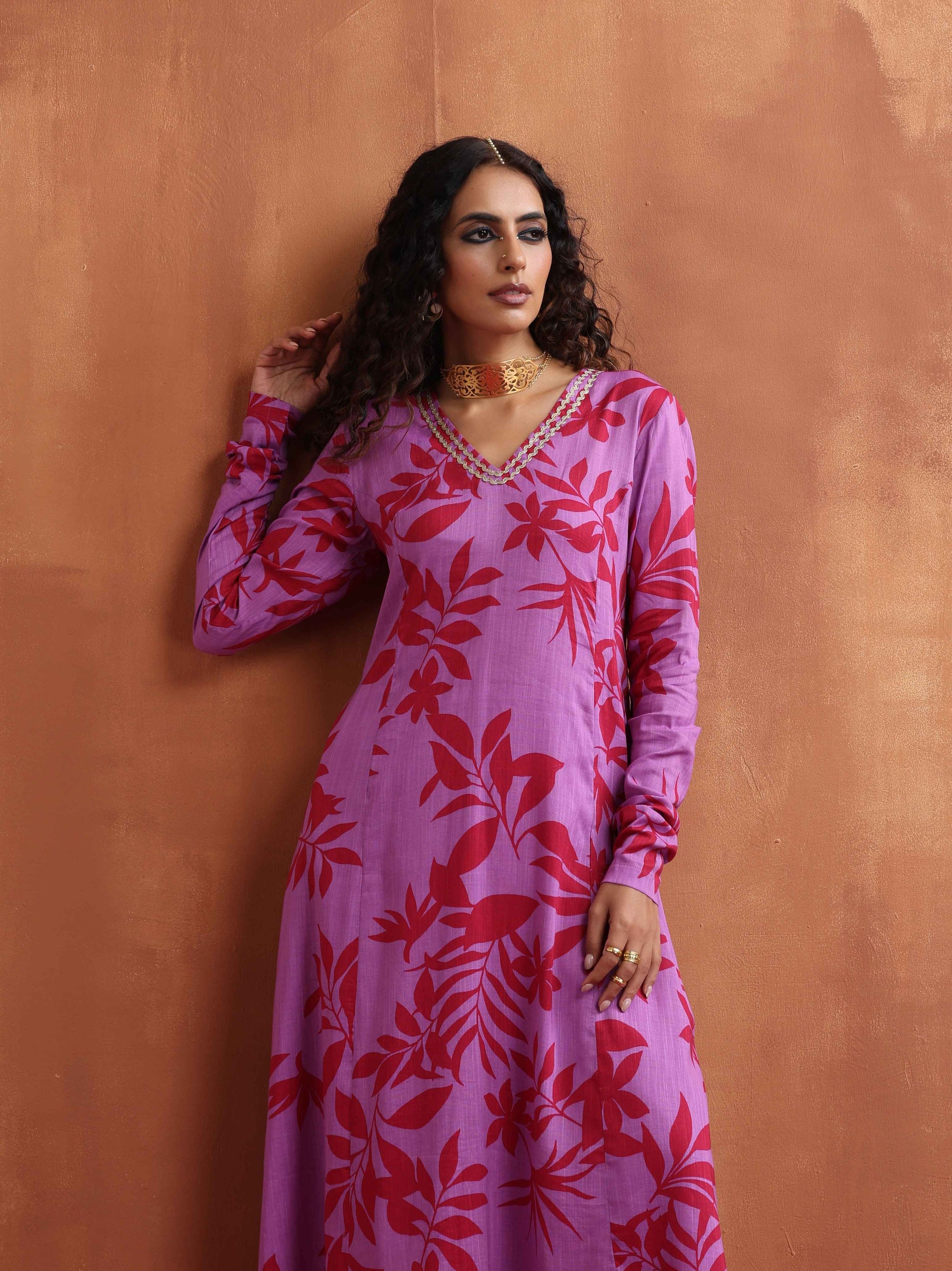 trueBrowns Purple Print A-line Kurta Set | Swadesiicart