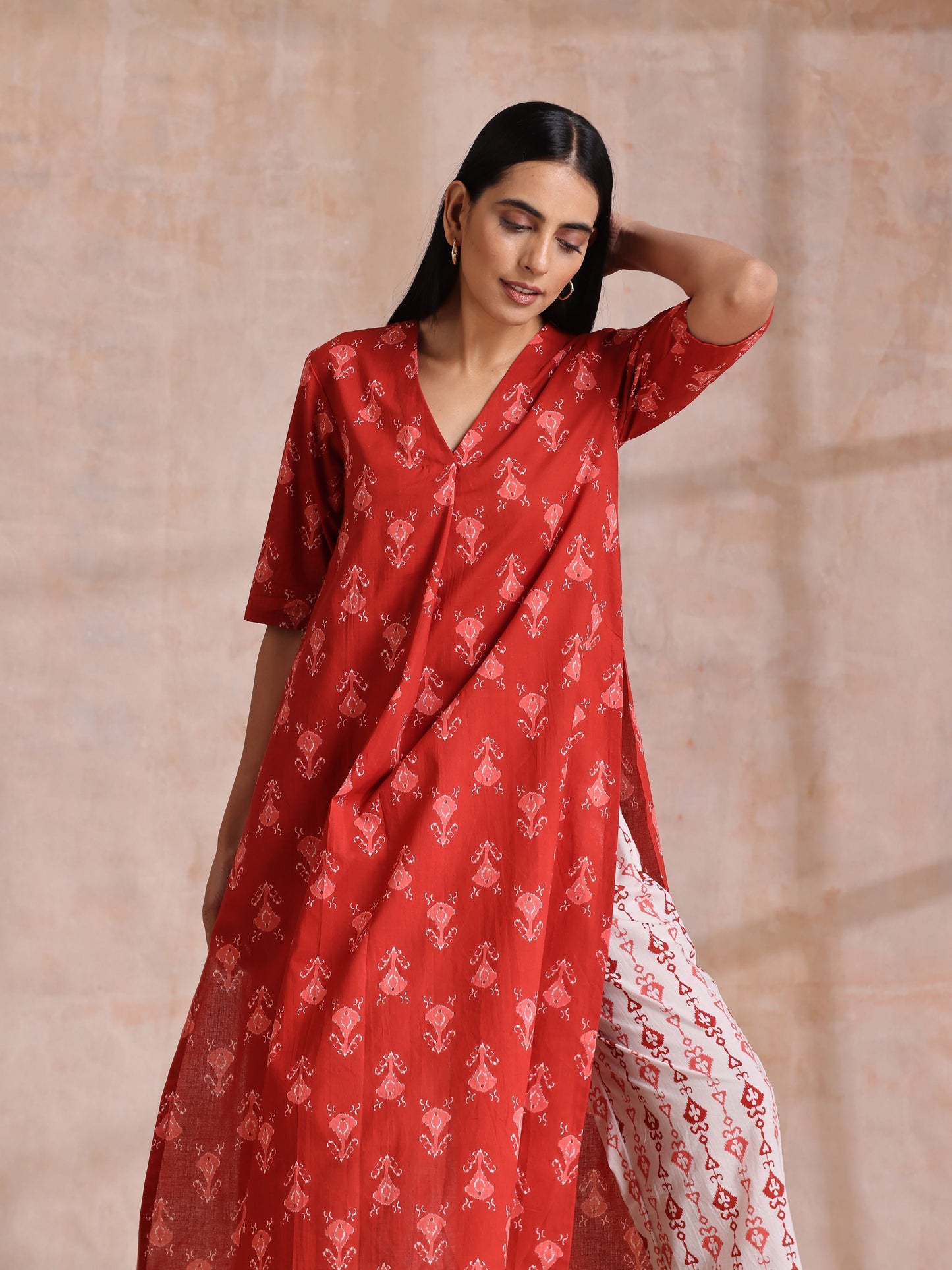 trueBrowns Red On Red Ikat Print Cotton Kurta Pant Set | Swadesiicart