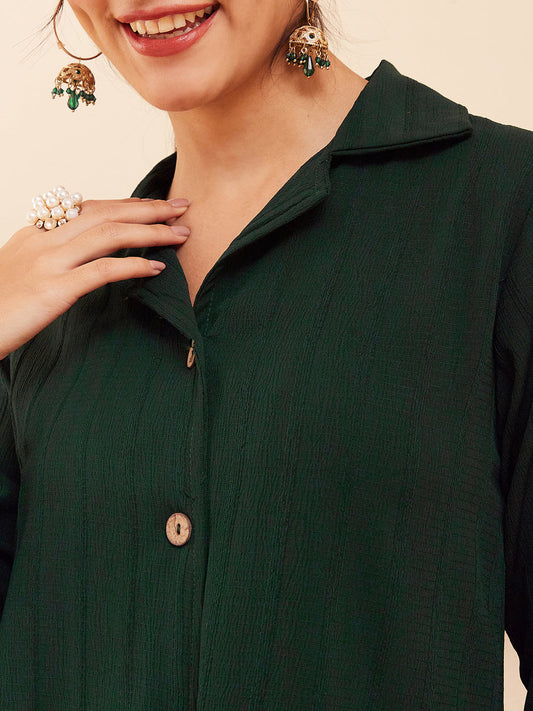 InWeave Women's Forest Green Collared Front Button Blazer Kurta Pant Set - Swadesiicart