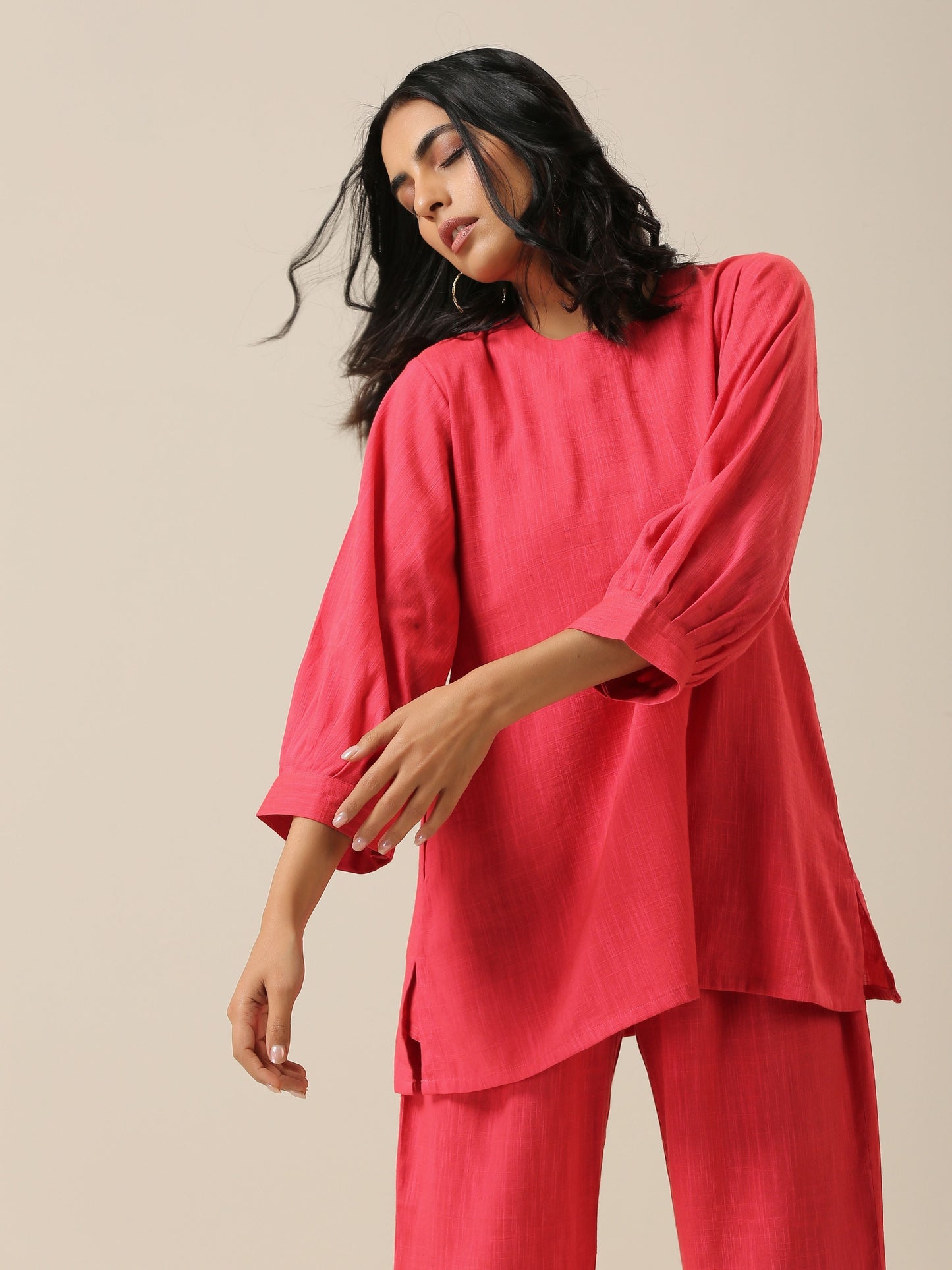 trueBrowns Bright Pink Slub Texture Baggy Sleeve Co-Ord Set | Relove - Swadesiicart