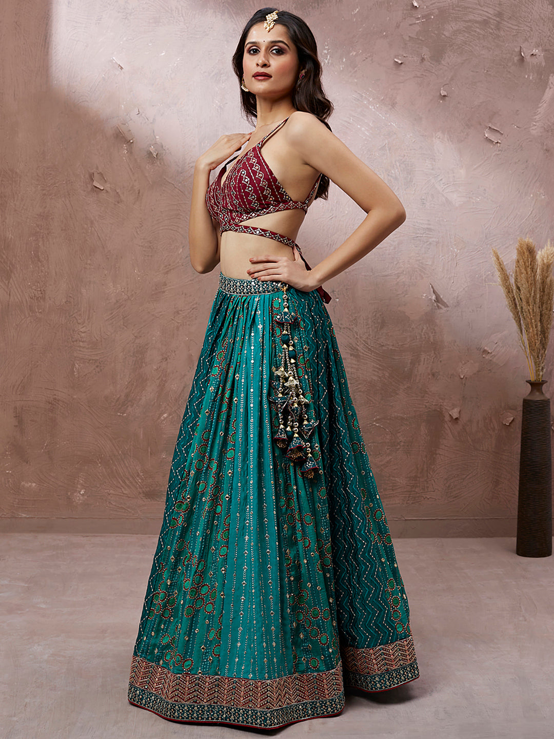 House of Panchhi Printed Embroidery Teal Georgette Sequin Lehenga Choli | Swadesiicart