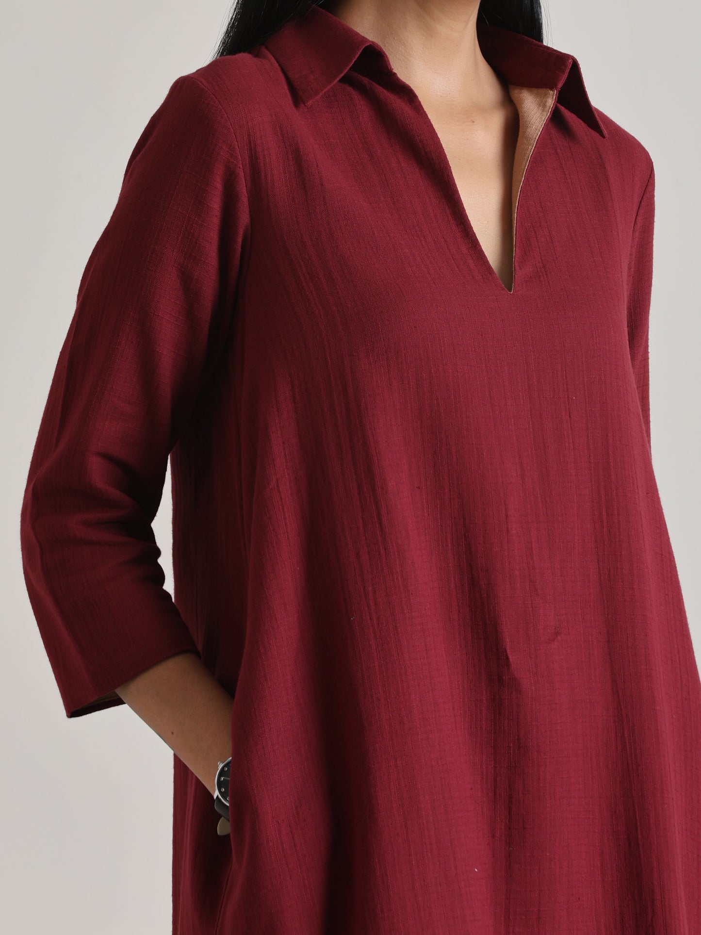 trueBrowns Maroon Short Collared Dress | Swadesiicart