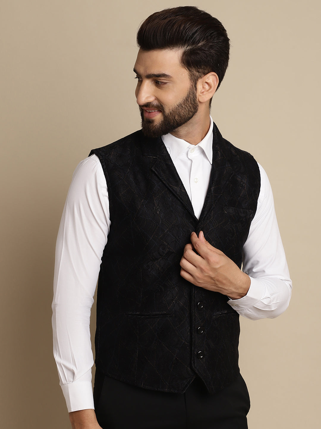 Even Apparels Men's Black Waistcoat with Notched Lapel | Swadesiicart