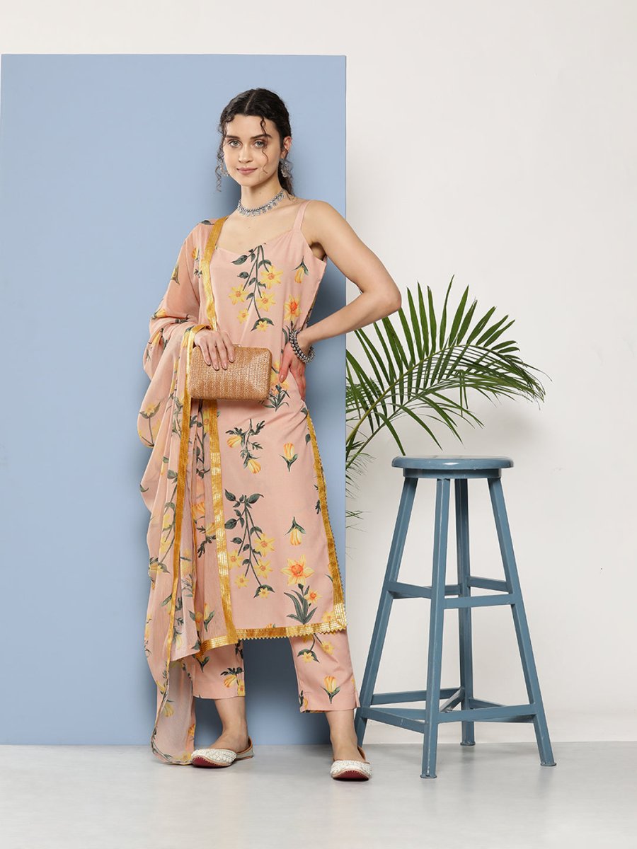 Ahalyaa Women Nude-Coloured Floral Printed Gotta Patti Kurta with Trousers & With Dupatta | Swadesiicart