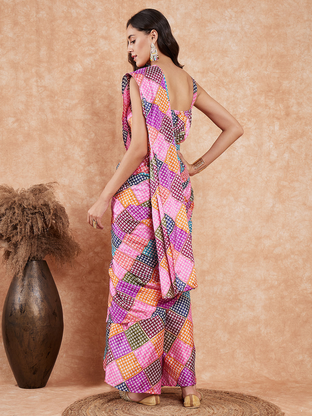 InWeave Women's Pink Square Multi Badhani Palazzo Saree - Swadesiicart