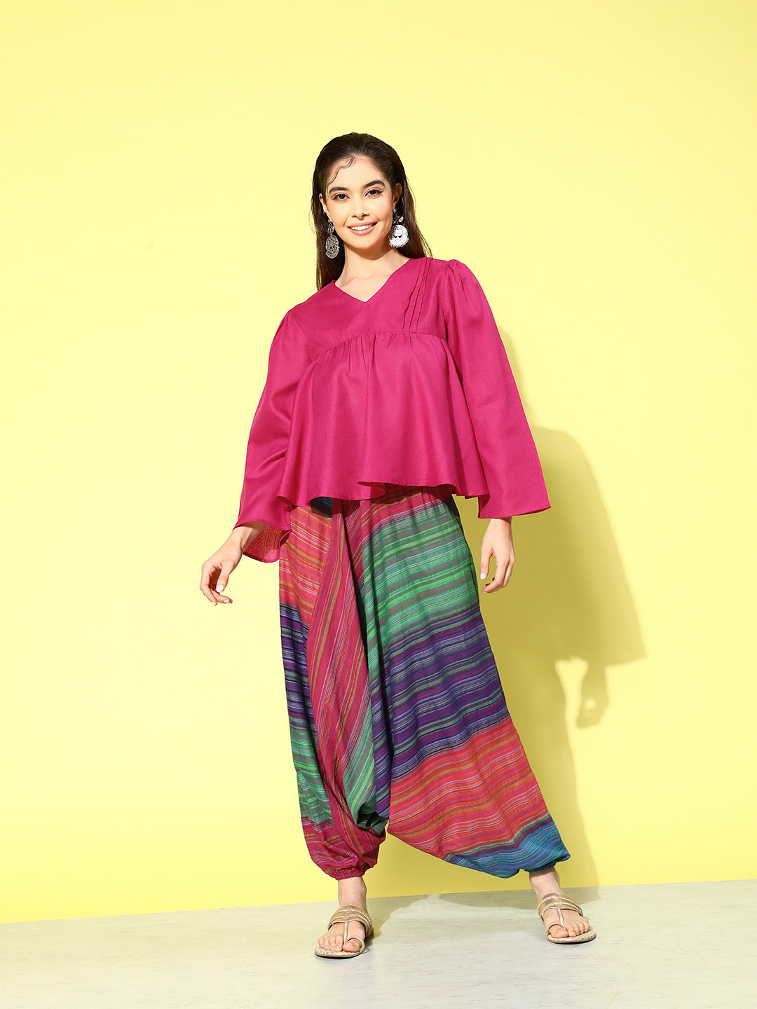 InWeave Women's Magenta Top With Multi Clr Harem Set - Swadesiicart