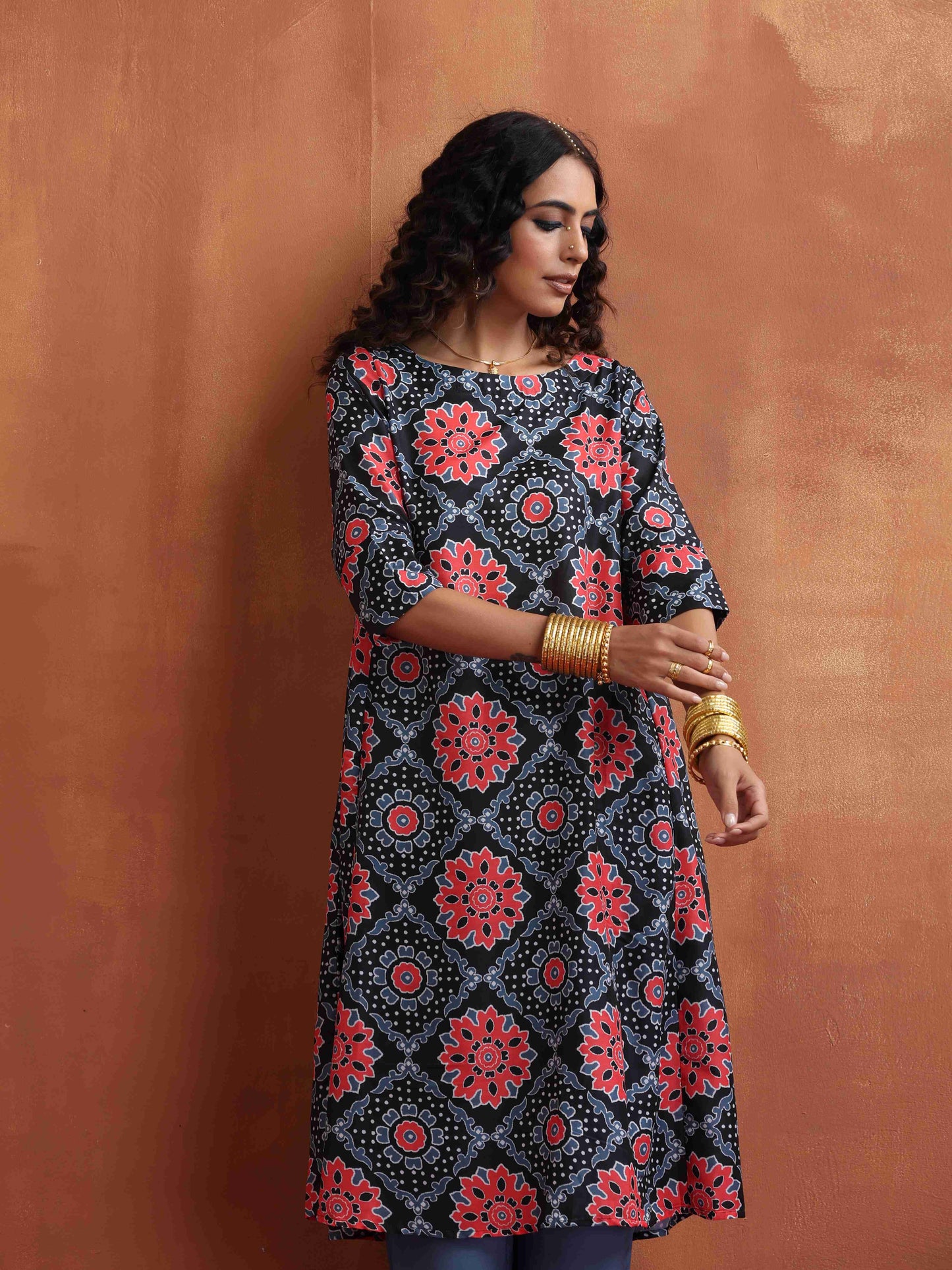 trueBrowns Black Ajrak Print A-line Kurta Set | Swadesiicart