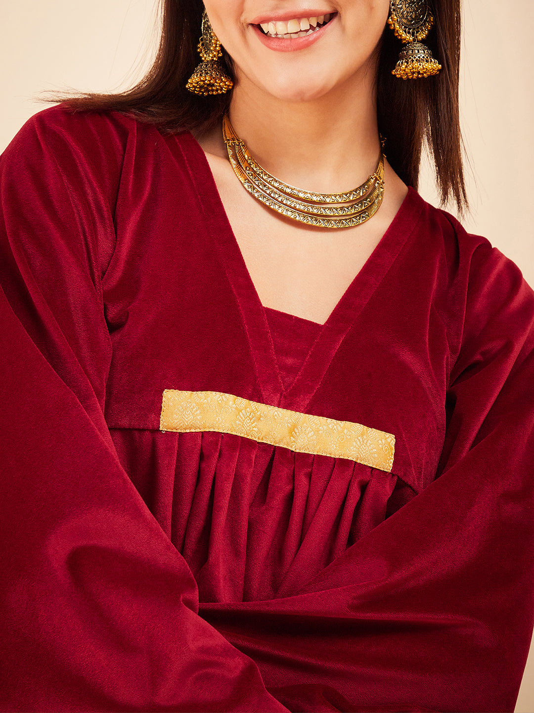InWeave Women's Barn Red V Neck Asymmetrical Pleated Velvet Kurta Set - Swadesiicart