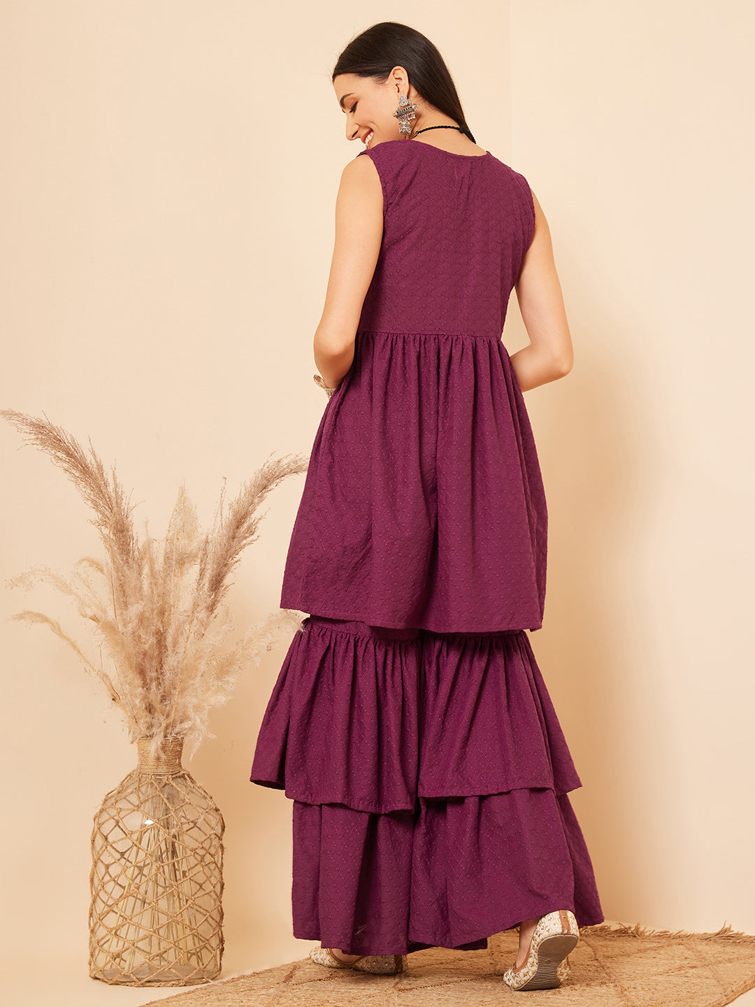 InWeave Women's Purple Lace Work Double Layer Sharara Set - Swadesiicart