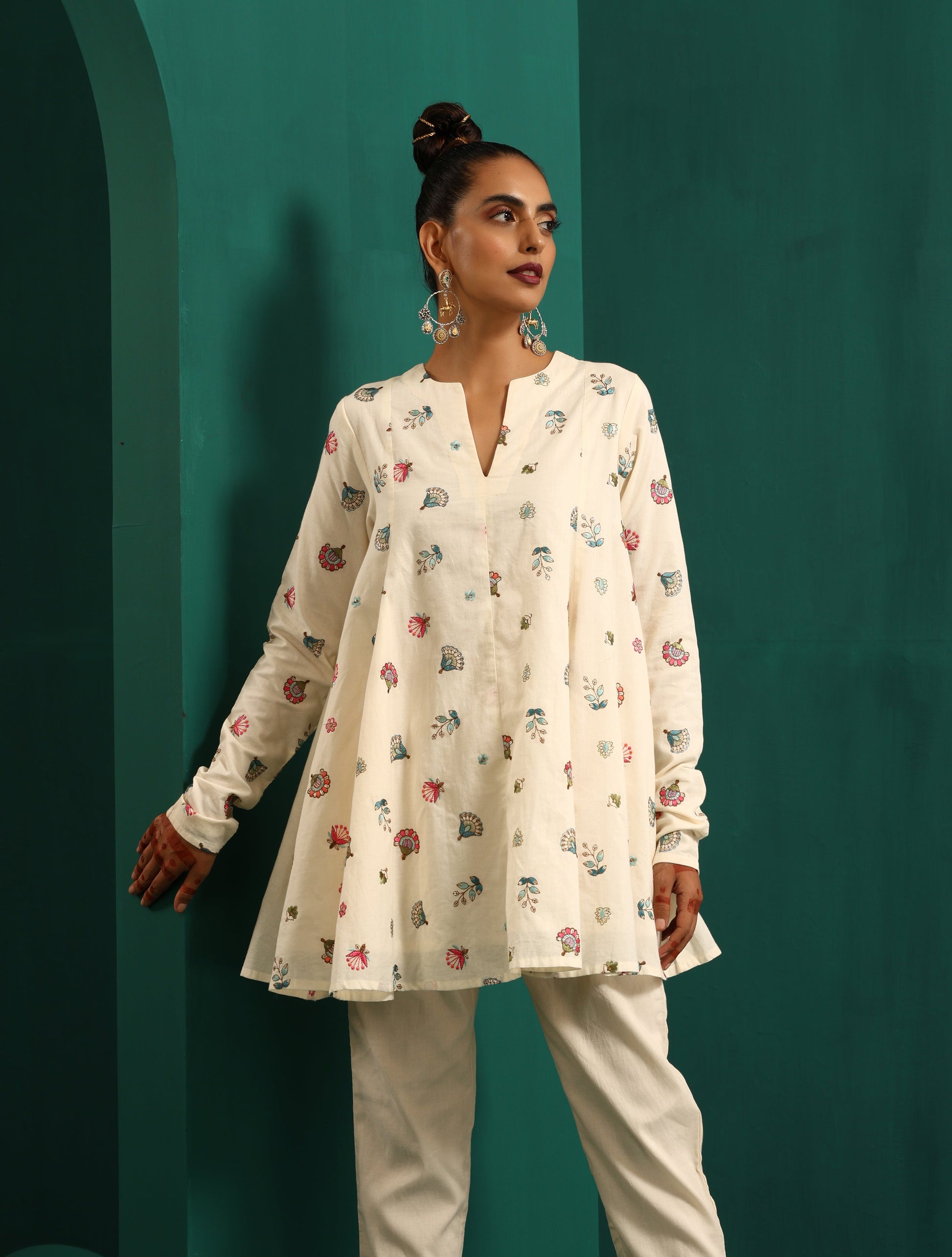 trueBrowns Ivory Multi Color Floral Cotton Flared Co-ord Set - Swadesiicart