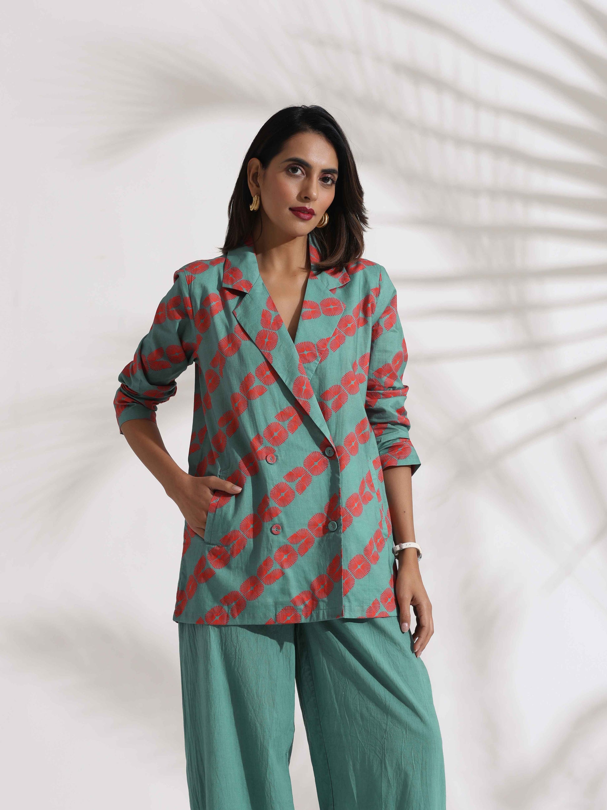 trueBrowns Green Cotton Print Jacket Top Co-ord Set - Swadesiicart