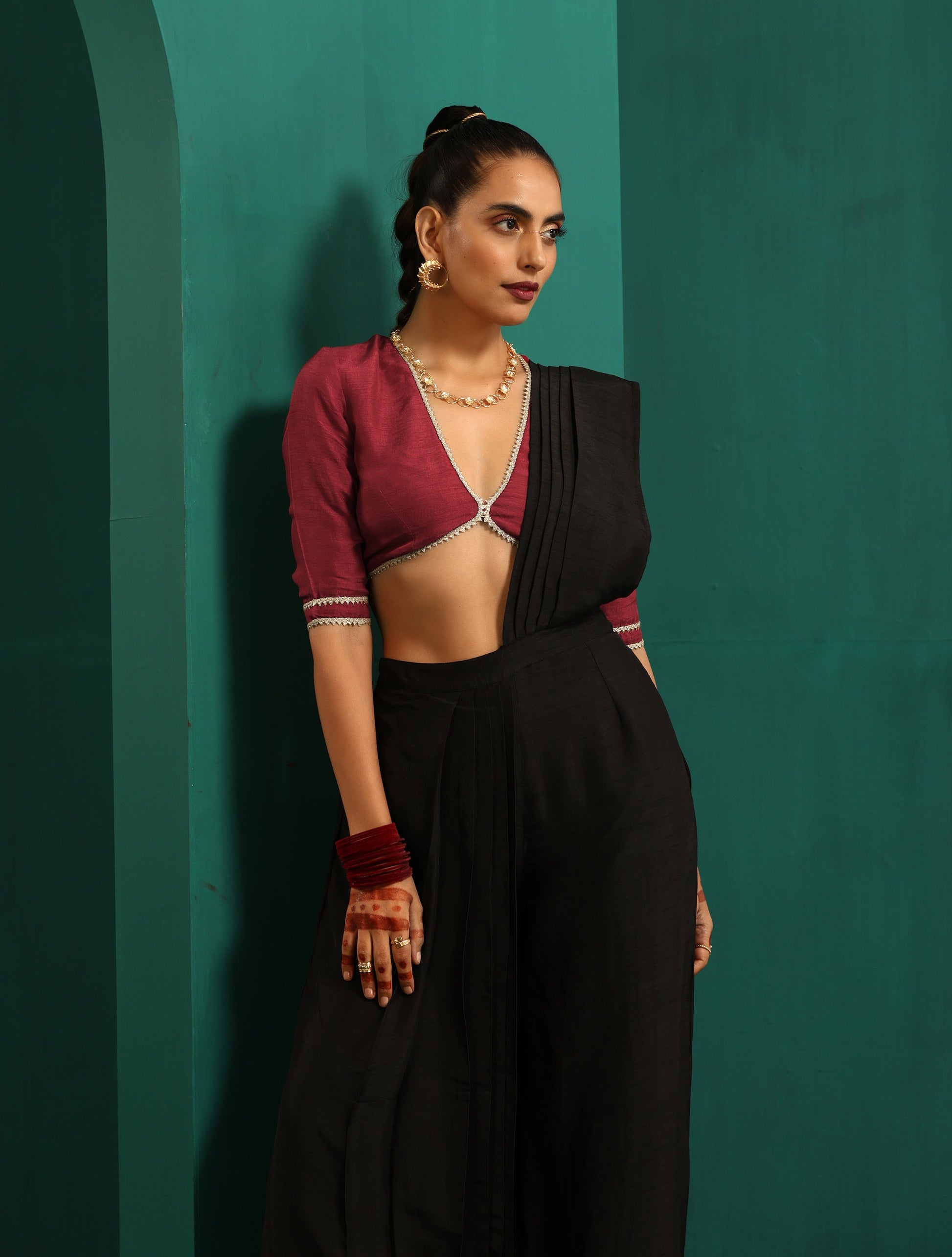 trueBrowns Black Silk Palazzo Stitched Saree | Swadesiicart