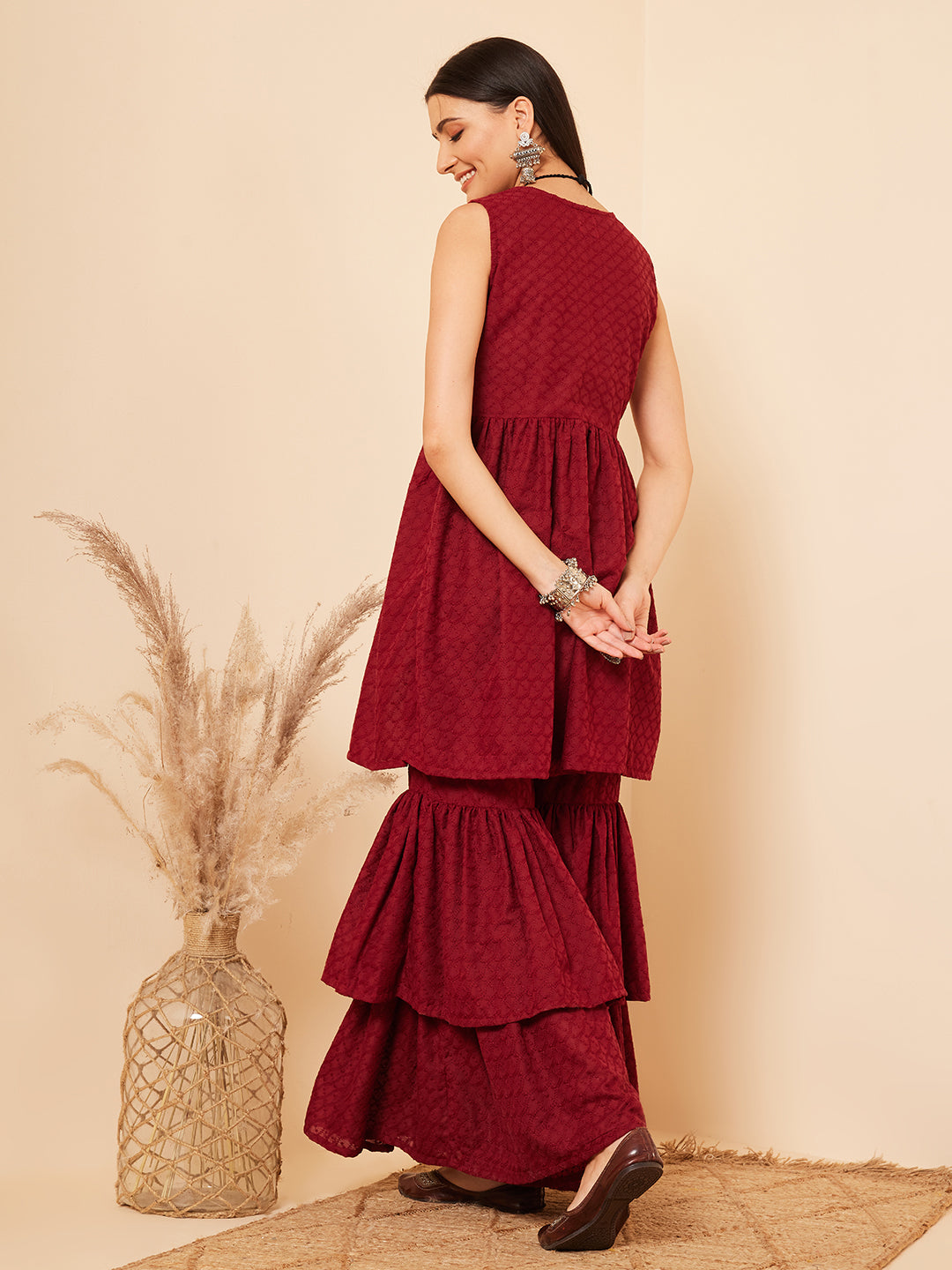 InWeave Women's Carmine Maroon Lace Work Double Layer Sharara Set - Swadesiicart