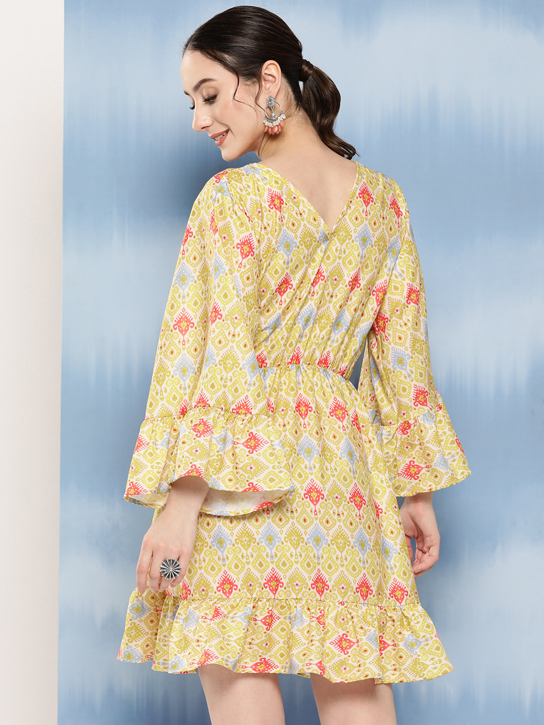InWeave Women's Yellow Orange Ikkat Print Short Dress - Swadesiicart
