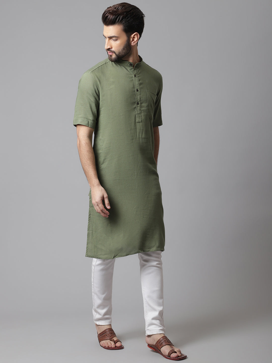 Even Apparels Green Pure Cotton Kurta With Band Collar | Swadesiicart