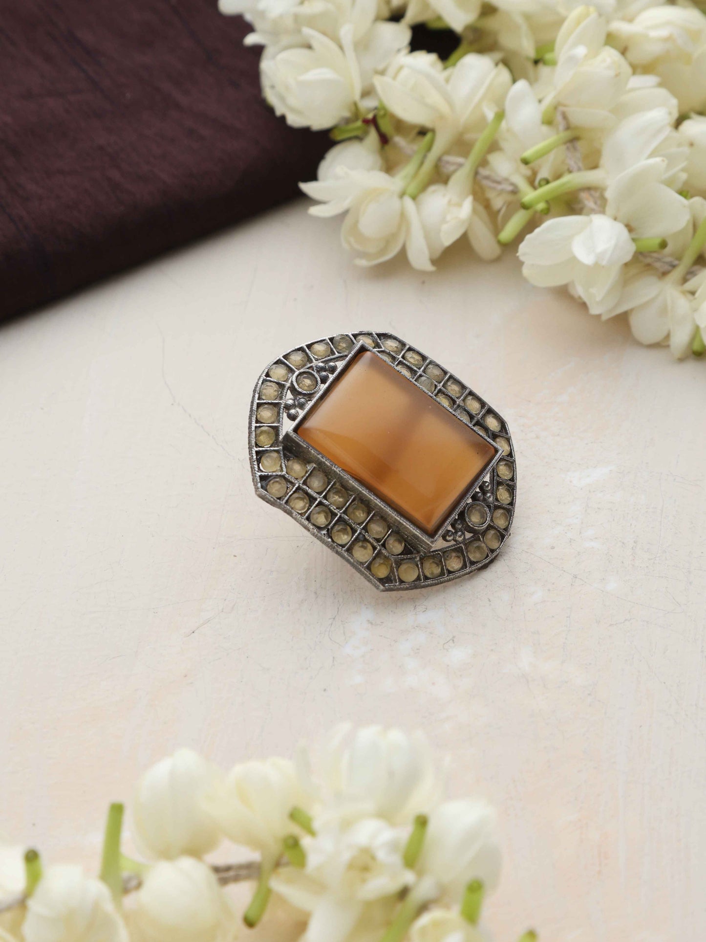 trueBrowns Silver Tone Yellow Stone Ring | Swadesiicart