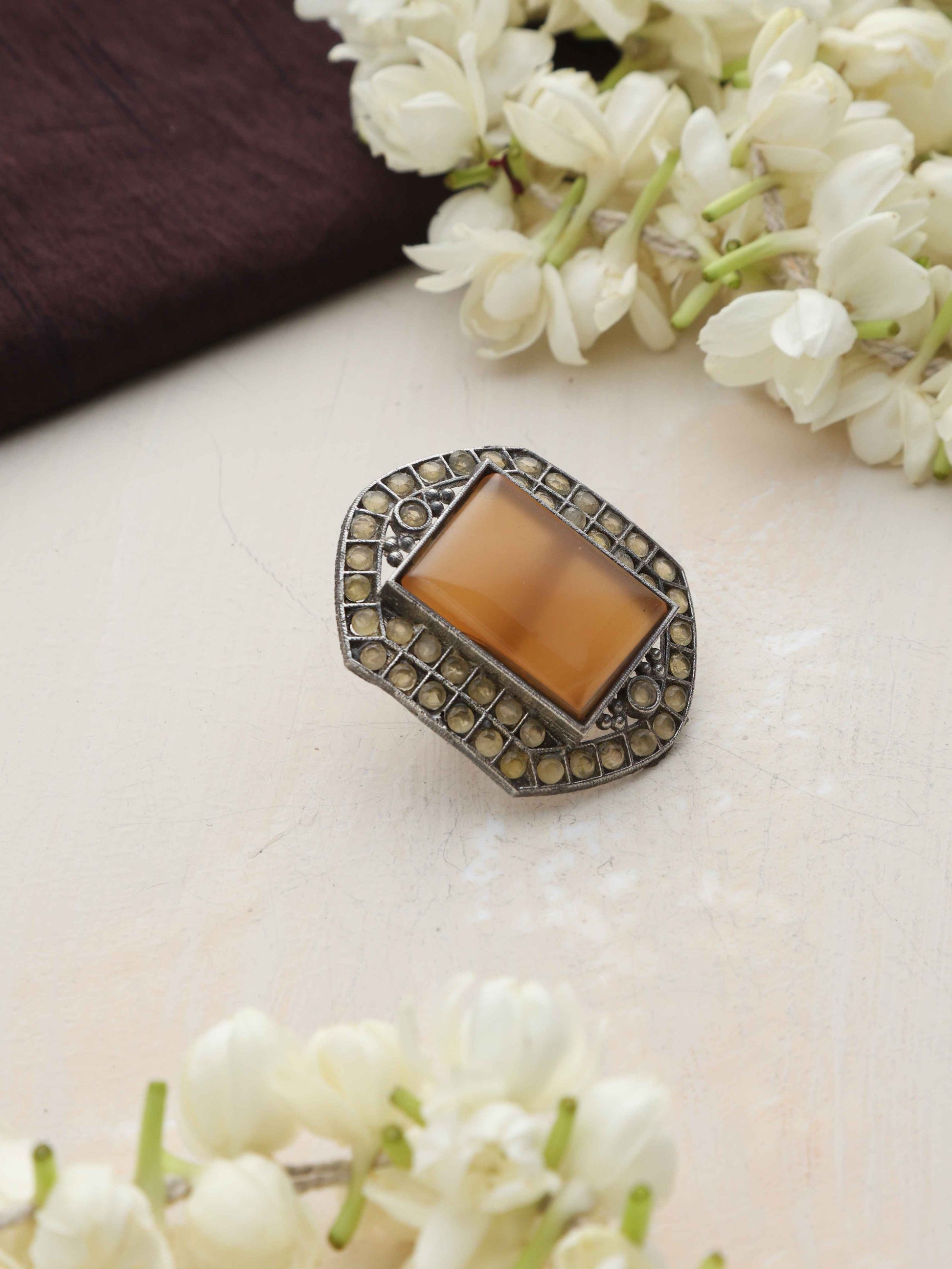 trueBrowns Silver Tone Yellow Stone Ring | Swadesiicart