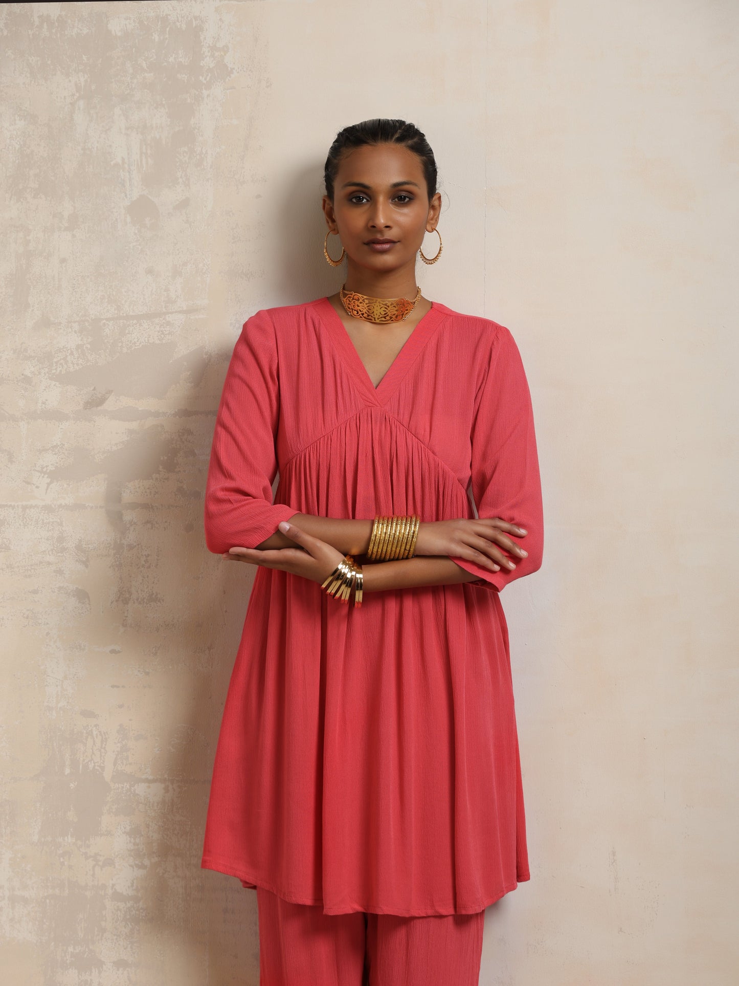 trueBrowns Peach Crinkle Flared Kurta Co-ord Set - Swadesiicart