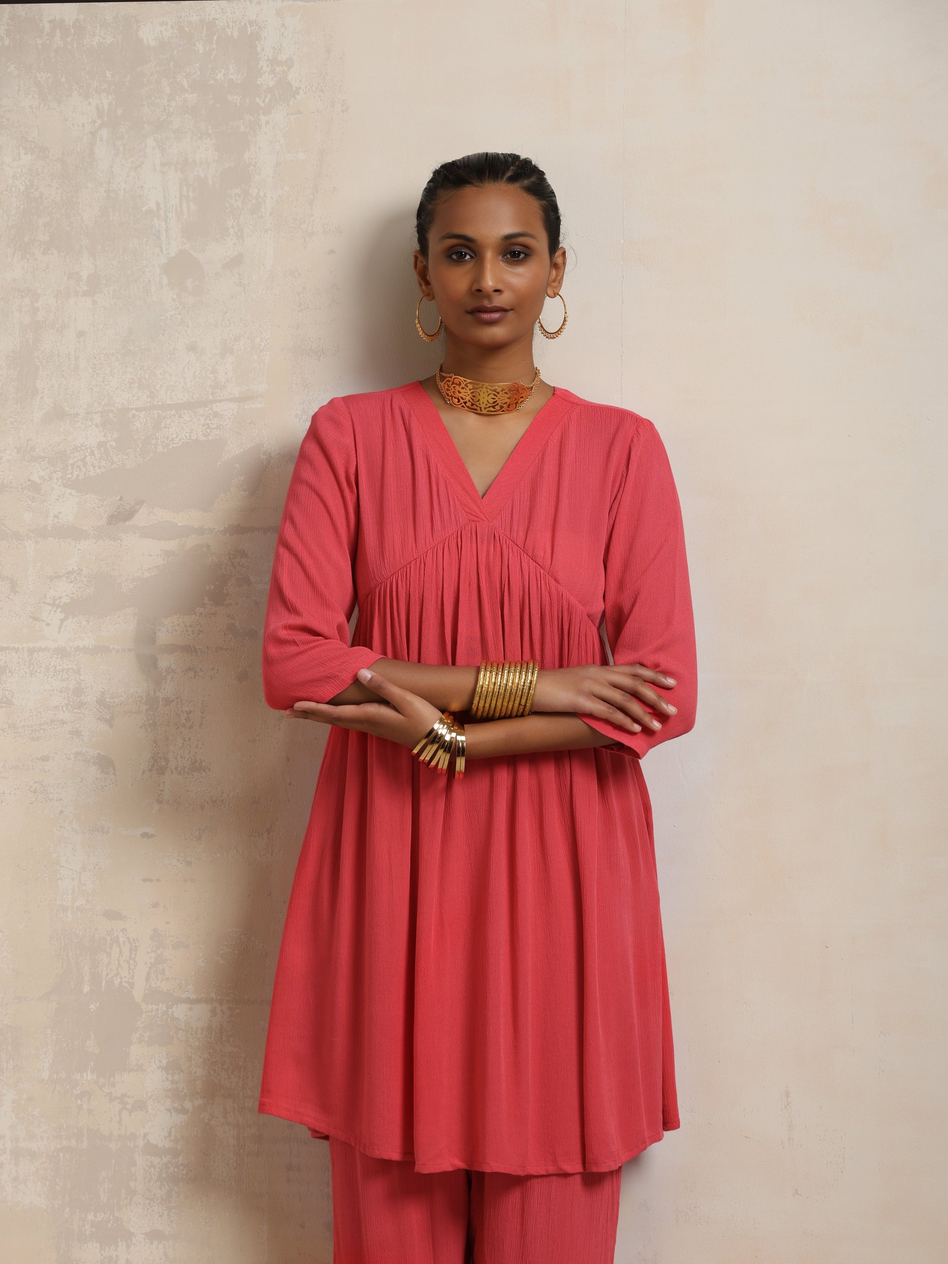 trueBrowns Peach Crinkle Flared Kurta Co-ord Set - Swadesiicart