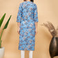InWeave Women's Skyblue Pink Floral Angrakha Straight Kurta - Swadesiicart