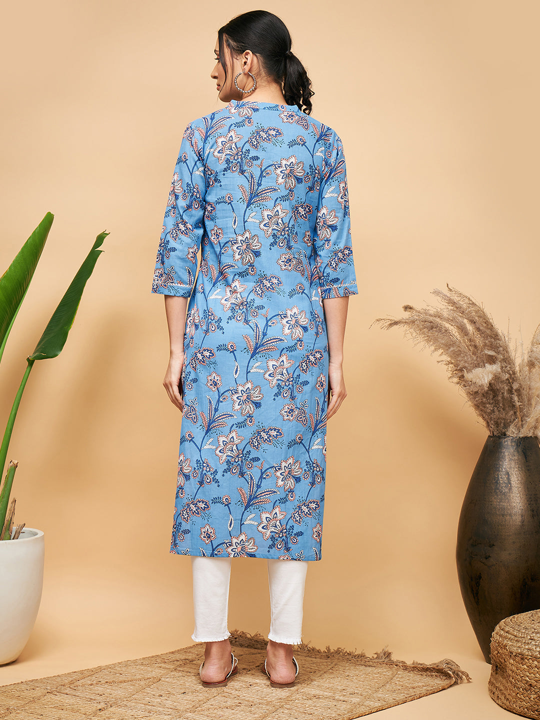 InWeave Women's Skyblue Pink Floral Angrakha Straight Kurta - Swadesiicart