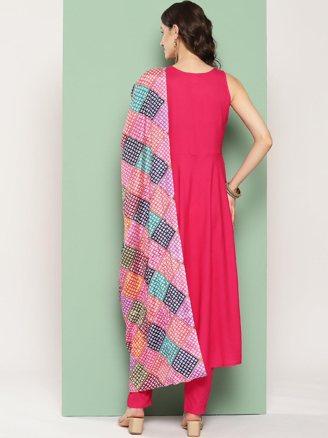 InWeave Women's Fuchsia Mirror Work Strappy Set W Square Bandhani Print Silk Dup - Swadesiicart