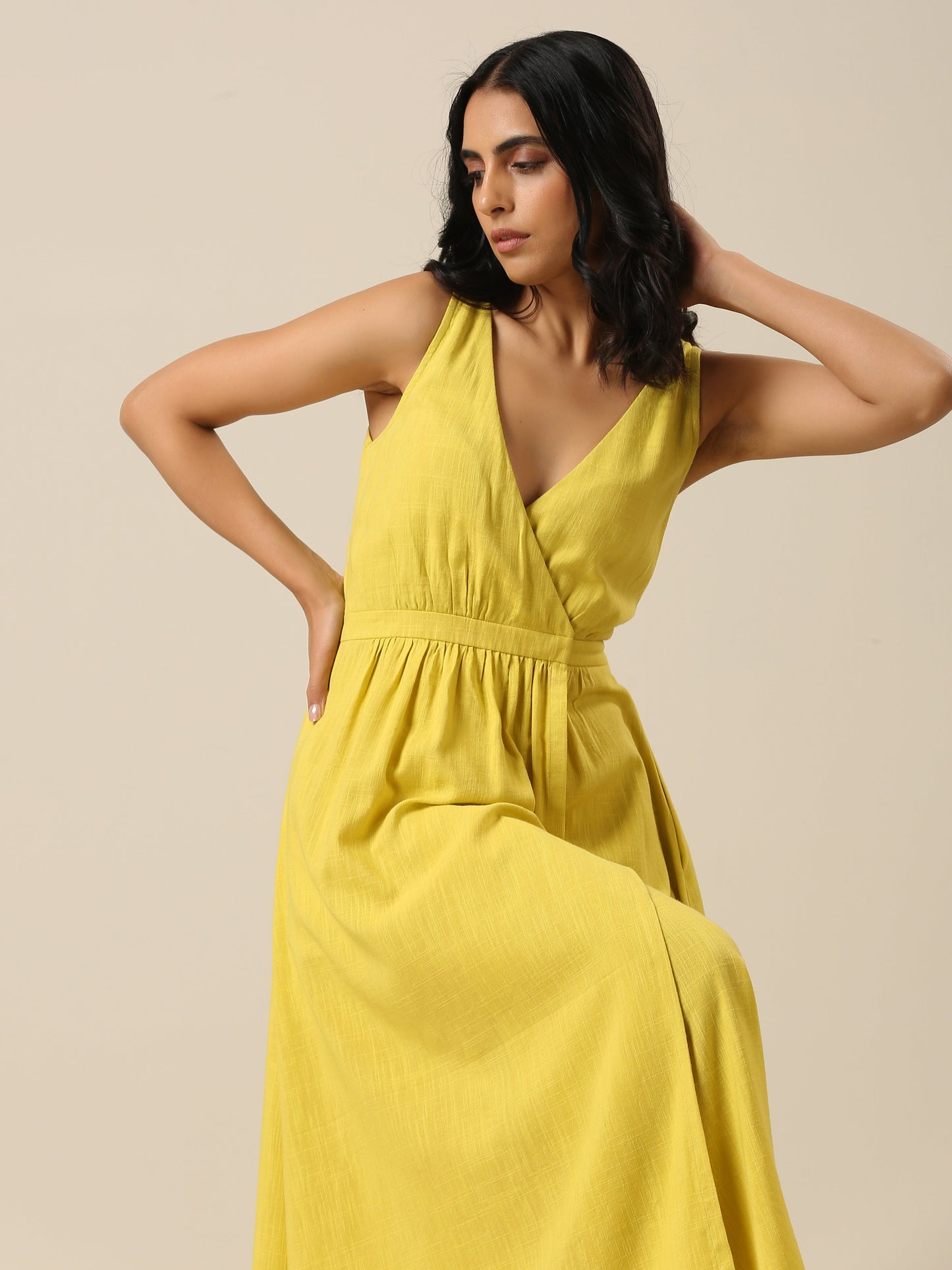 trueBrowns Lime Slub Texture Sleeveless Wrap Dress | Swadesiicart