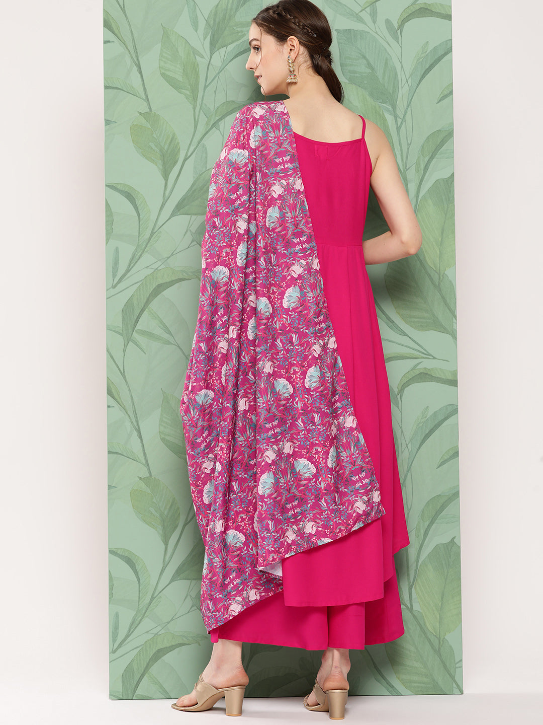 InWeave Women's Fuchsia Strappy Set W Magenta Camelia Cr Dupatta - Swadesiicart