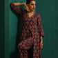 trueBrowns Deep Purple Paan Muslin Silk Printed Front Slit Kurta Pant Set | Swadesiicart