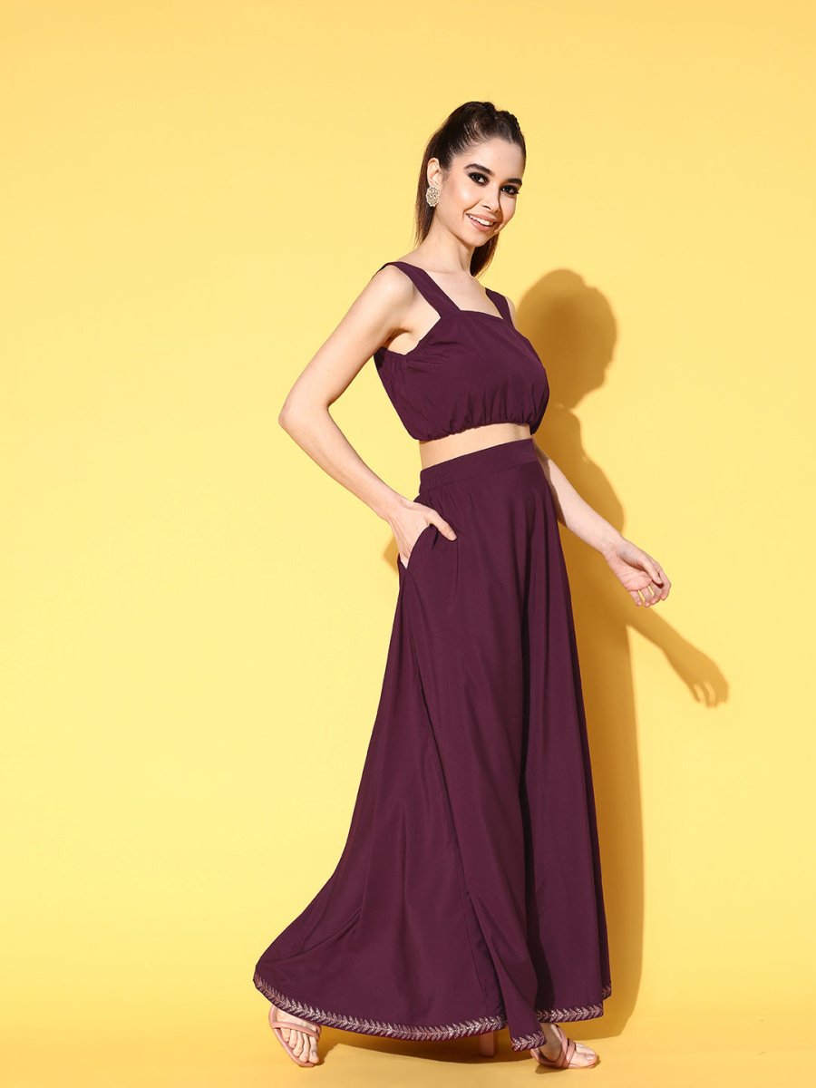 Ahalyaa Women Burgundy Top With Skirt & With Jacket | Swadesiicart