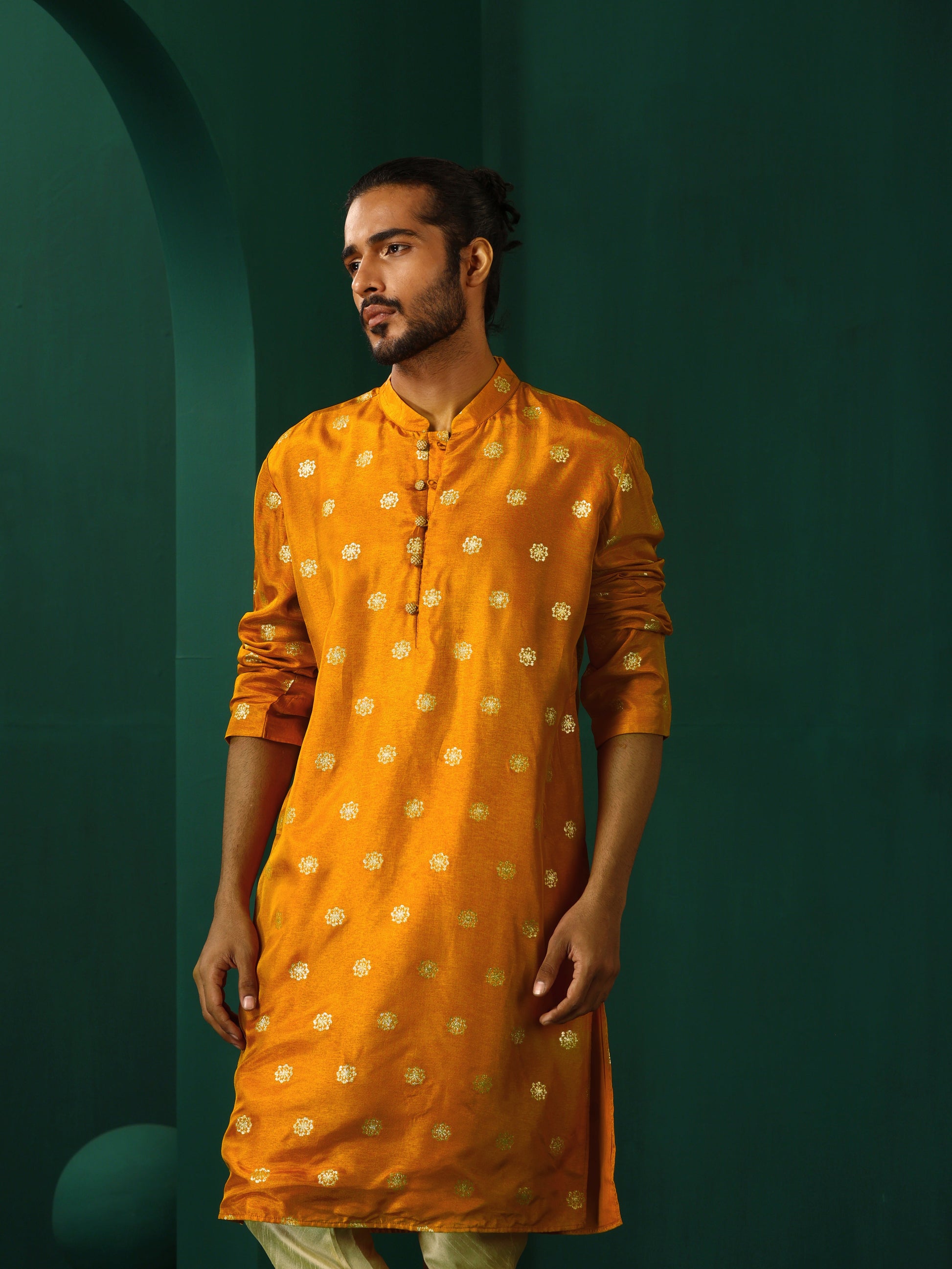 trueBrowns Men's Mustard Geometric Floral Viscose Silk Long Kurta | Swadesiicart
