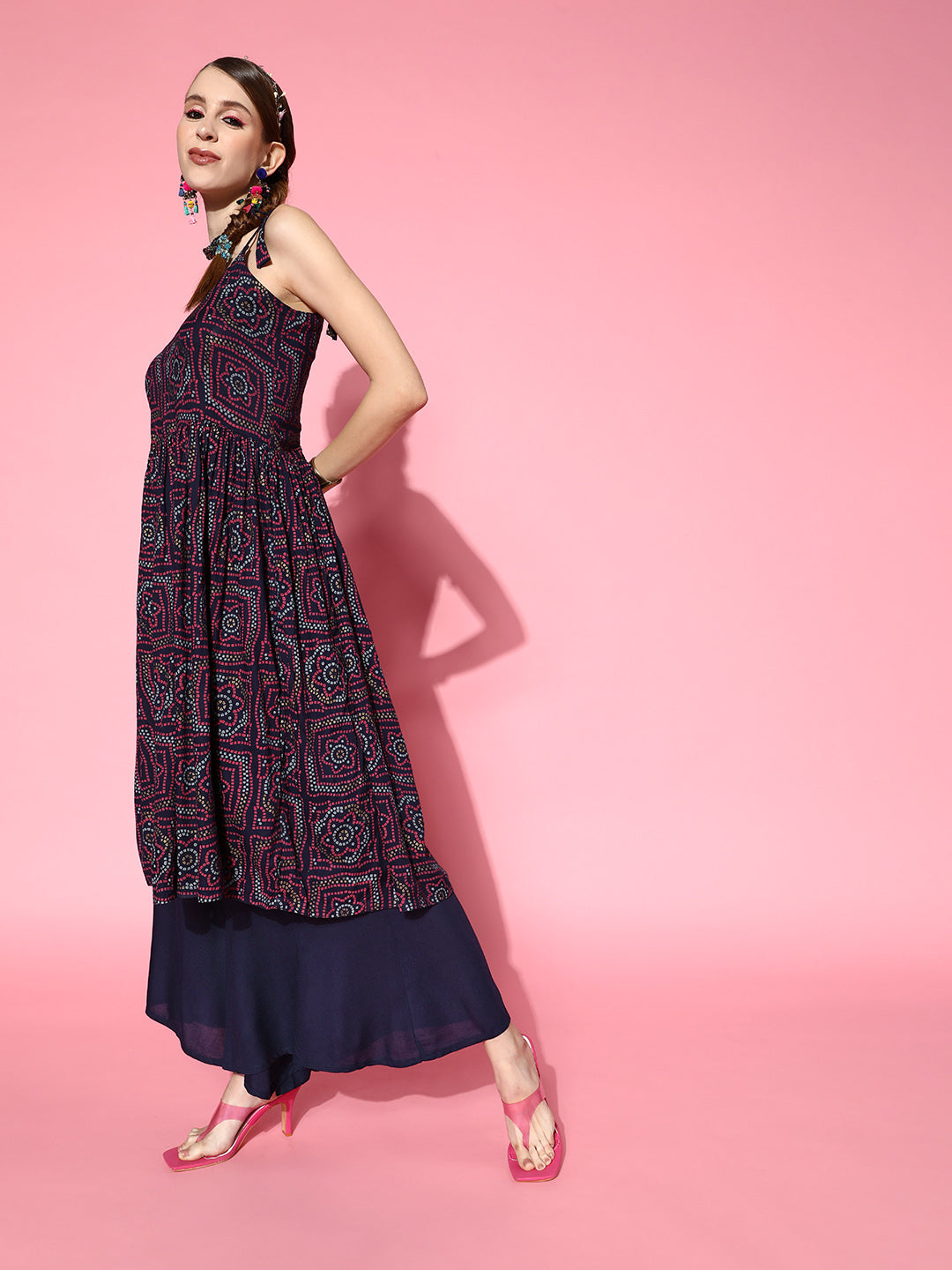 InWeave Women's Navy Bandhani Backdetail Kurta Set - Swadesiicart