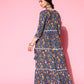 InWeave Women's Blue Floral Print Dress With Lace - Swadesiicart