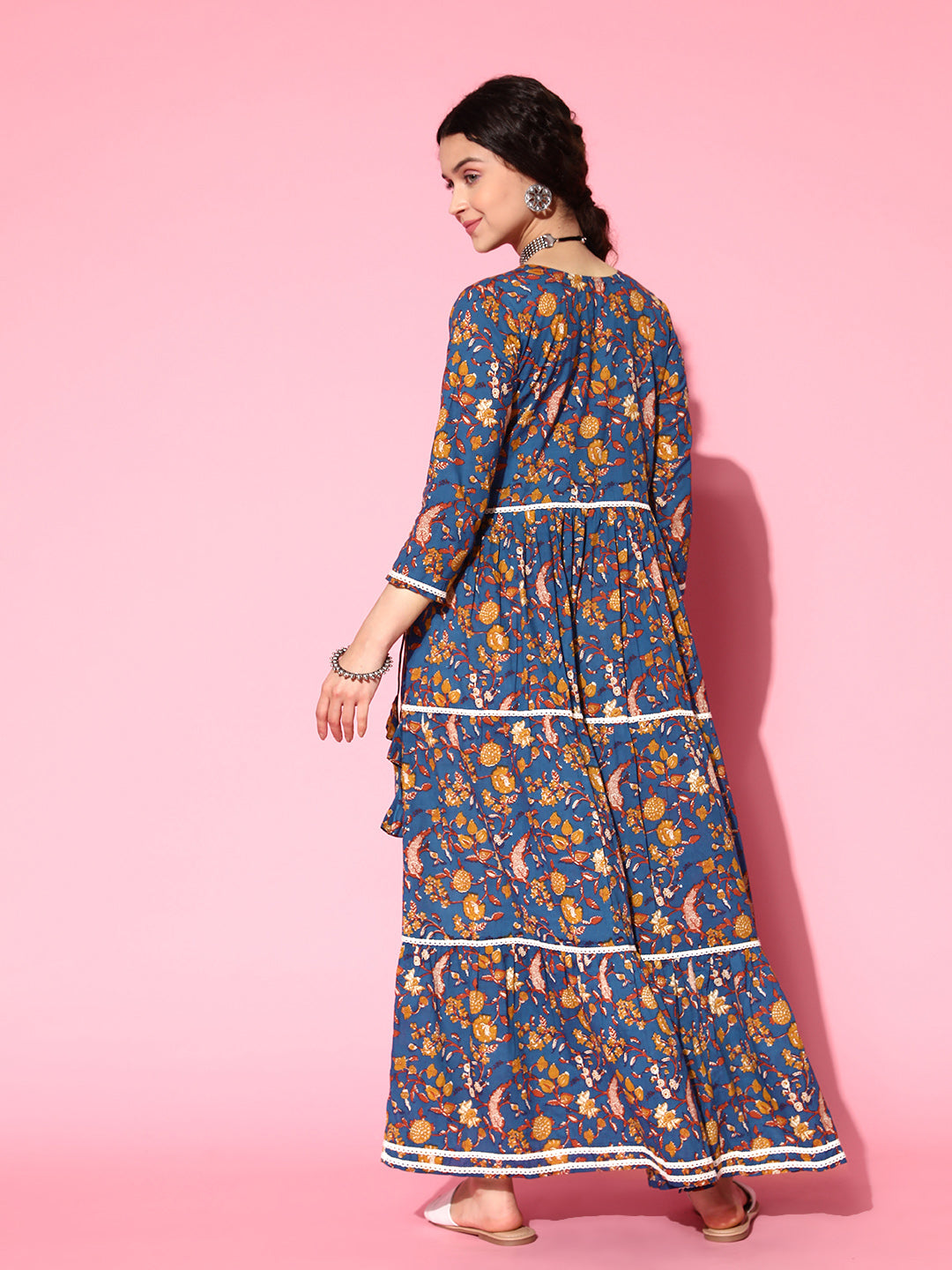 InWeave Women's Blue Floral Print Dress With Lace - Swadesiicart