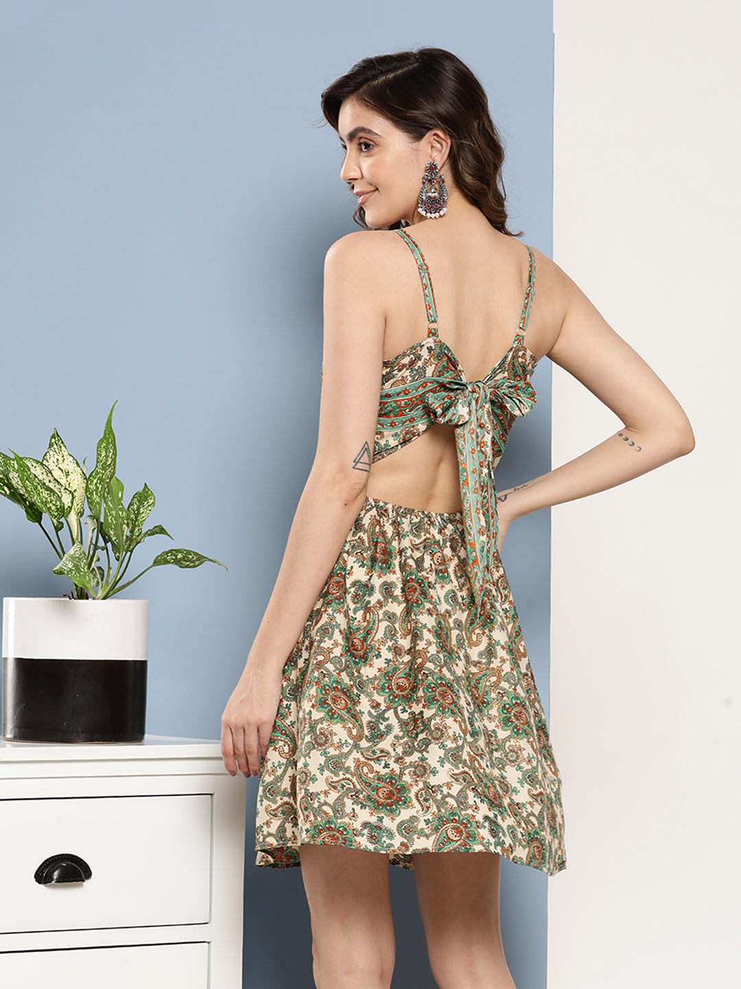 InWeave Women's Dark Green Floral Back Tie Up Detail Dress - Swadesiicart