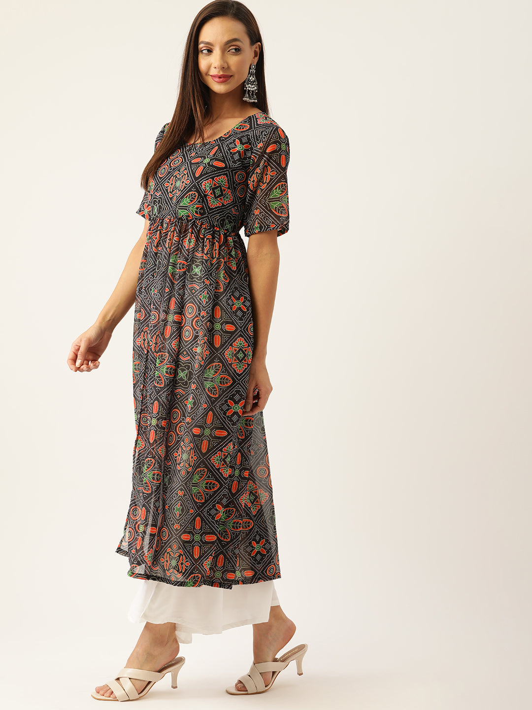 InWeave Women's Black Bandhani Georgette Front Slit Kurta Set - Swadesiicart