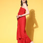 InWeave Women's Red Mirror Work One Shoulder Kurta Set - Swadesiicart