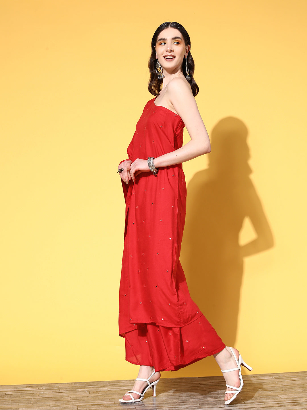 InWeave Women's Red Mirror Work One Shoulder Kurta Set - Swadesiicart