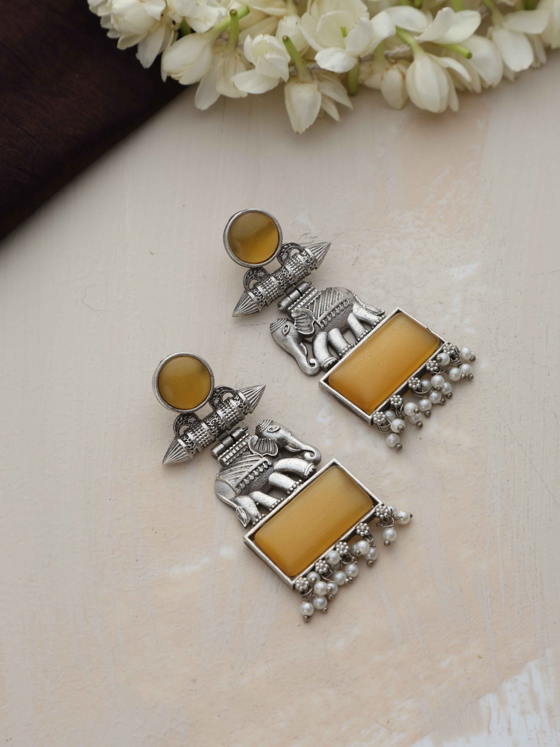 trueBrowns Silver Tone Yellow Stone Earrings - Swadesiicart